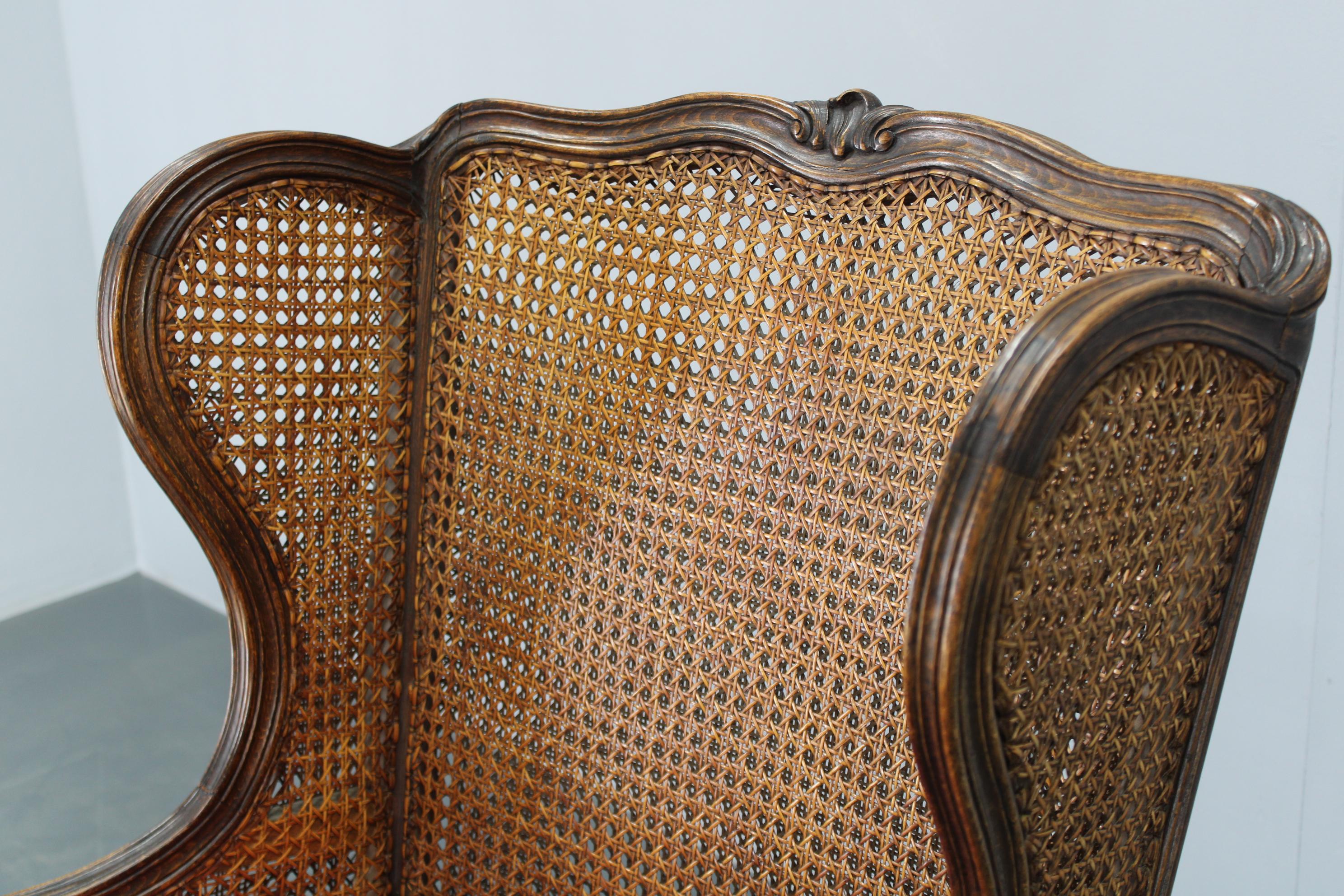 Antique Carved Wing Chair with Cane Sides , Czechoslovakia For Sale 5