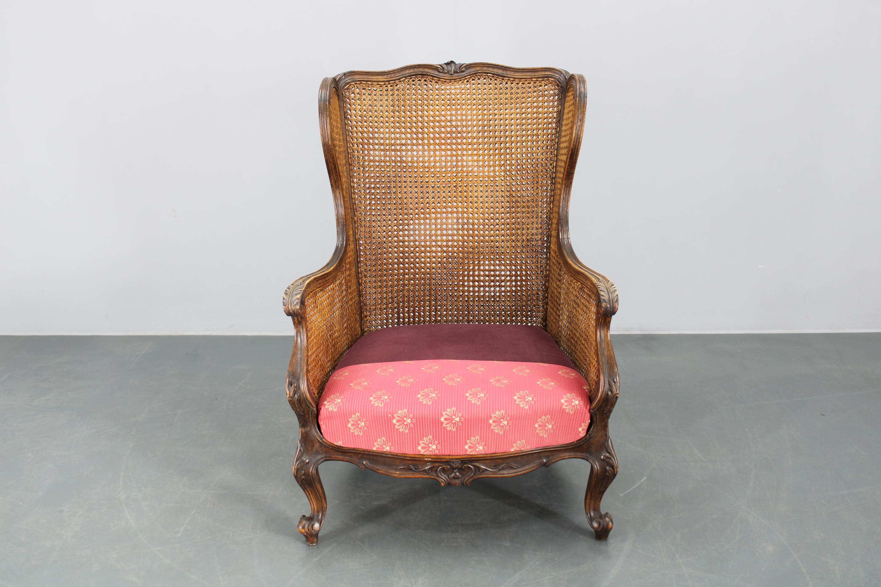 Antique Carved Wing Chair with Cane Sides , Czechoslovakia For Sale 7