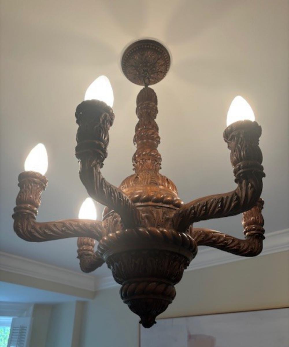 Gorgeous Antique Carved Wood 6 Arm Chandelier, 25.5