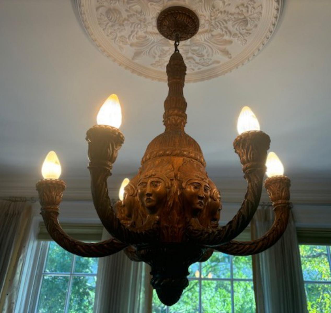Magnificent Antique Carved Wood 6 Arm Chandelier, 30.5