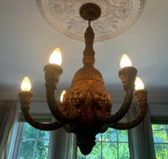 Antique Carved Wood 6 Arm Chandelier