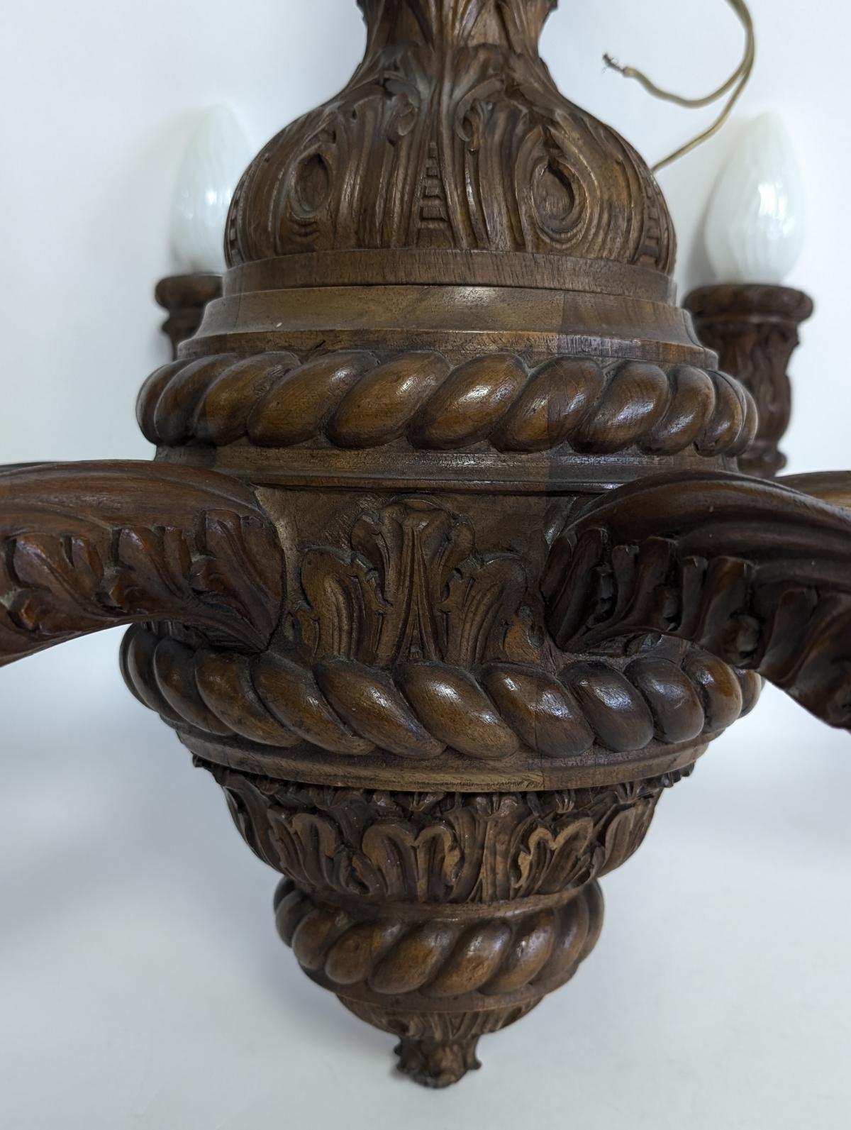 Art Nouveau Antique Carved Wood 6 Arm Chandelier For Sale
