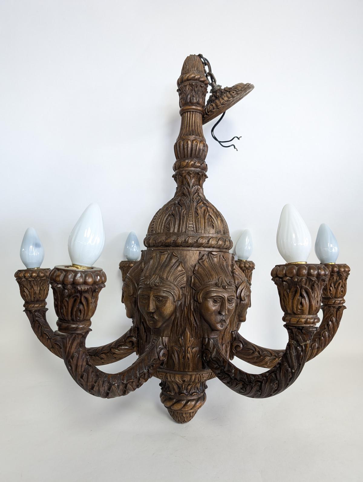 Art Deco Antique Carved Wood 6 Arm Chandelier For Sale