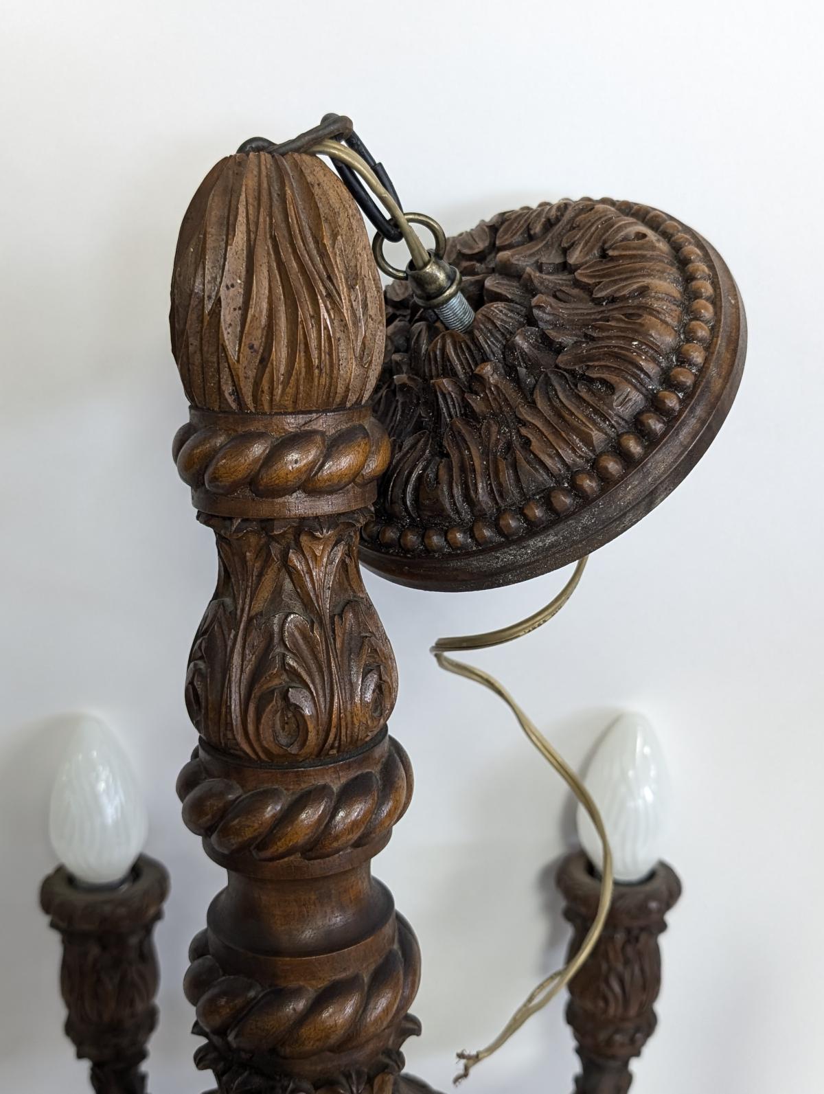 Serbian Antique Carved Wood 6 Arm Chandelier For Sale