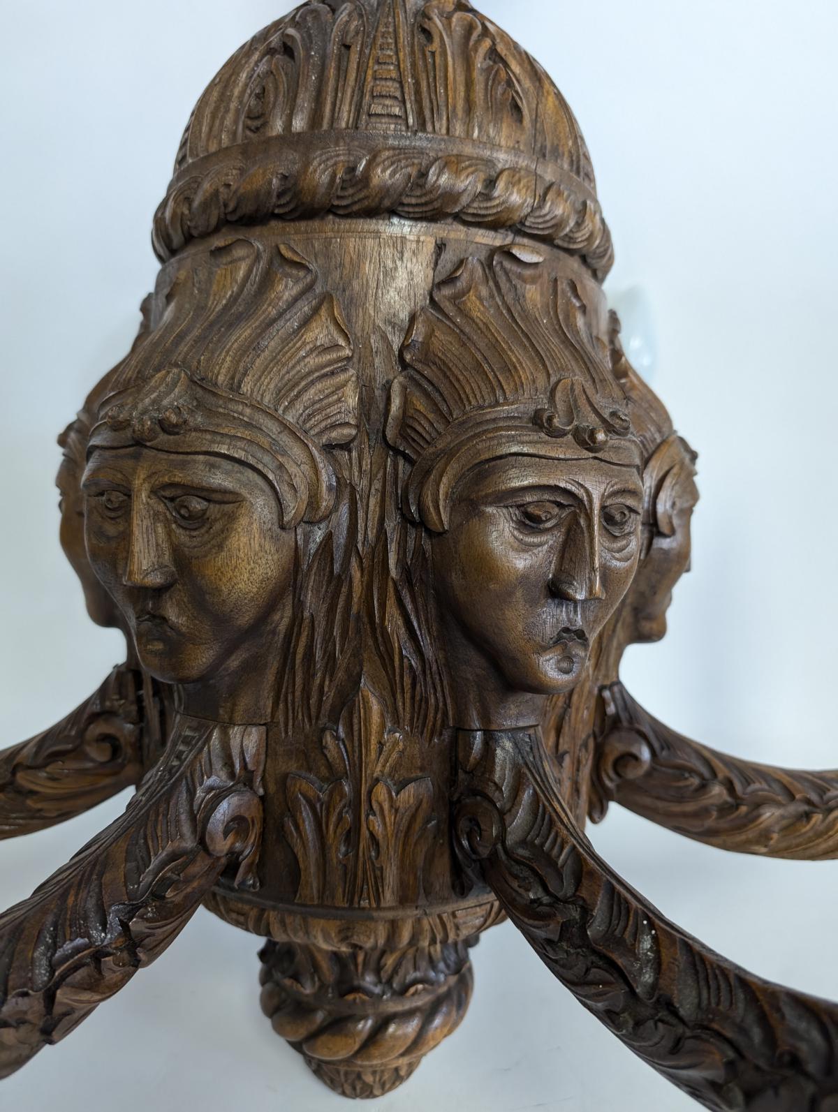 Serbian Antique Carved Wood 6 Arm Chandelier For Sale