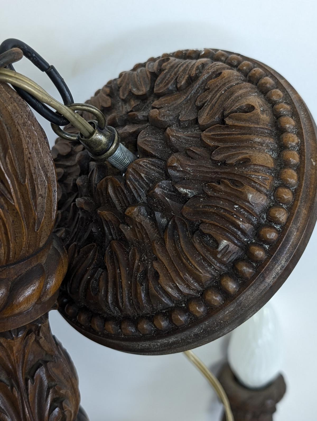 Antique Carved Wood 6 Arm Chandelier In Good Condition For Sale In Oakwood, GA