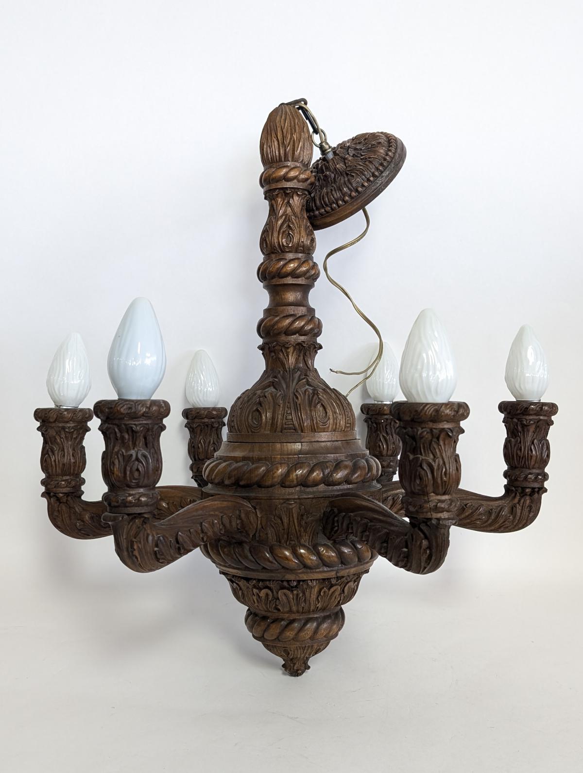 20th Century Antique Carved Wood 6 Arm Chandelier For Sale