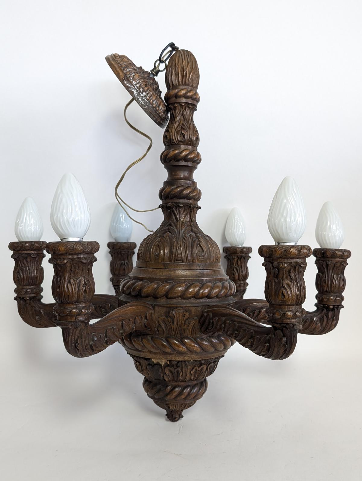 Antique Carved Wood 6 Arm Chandelier For Sale 2