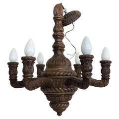 Antique Carved Wood 6 Arm Chandelier