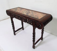 Antique Carved Wood and Pink Marble Chinese Altar/Console Table