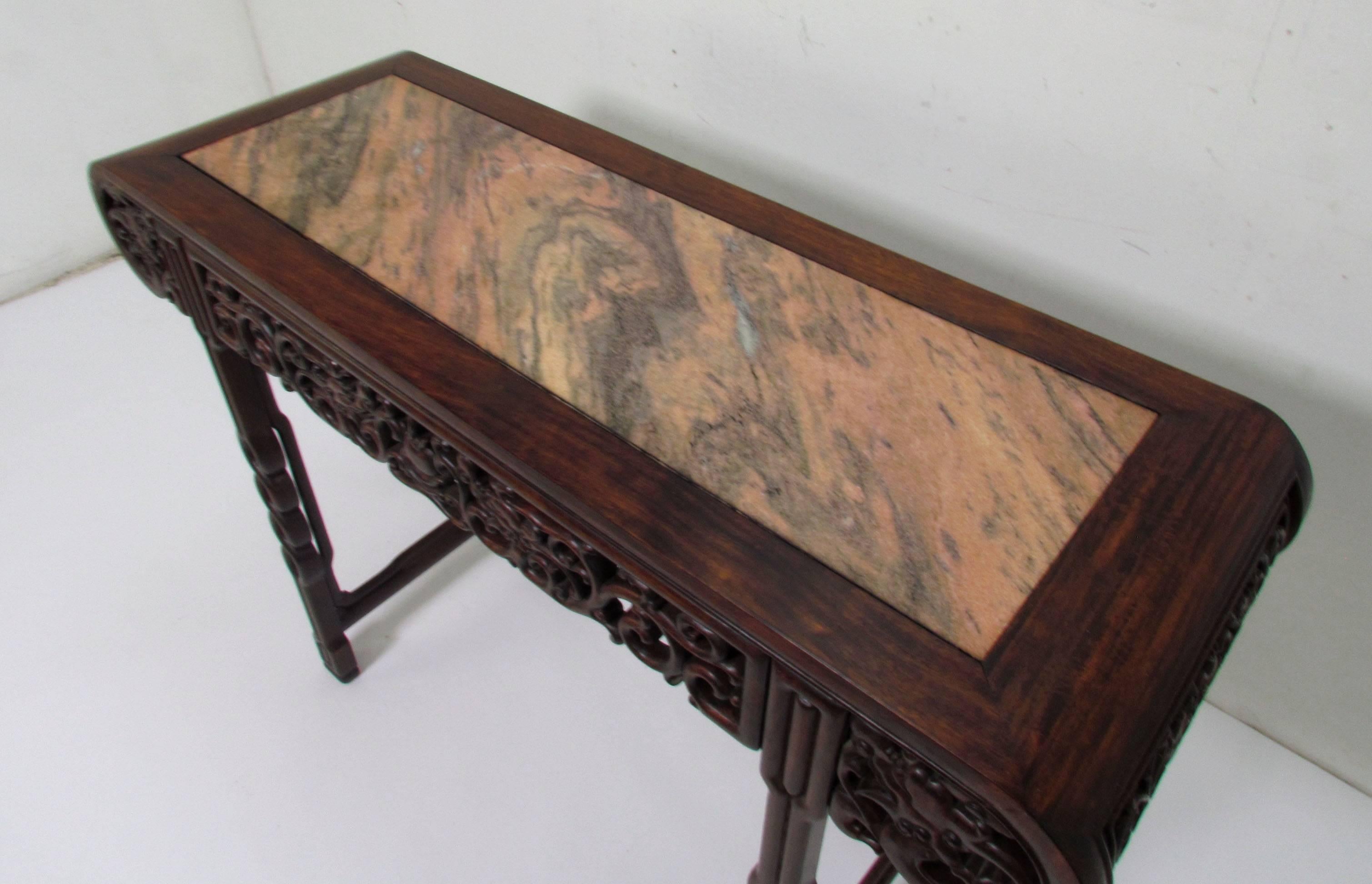 Chinese Export Antique Carved Wood and Pink Marble Chinese Altar/Console Table