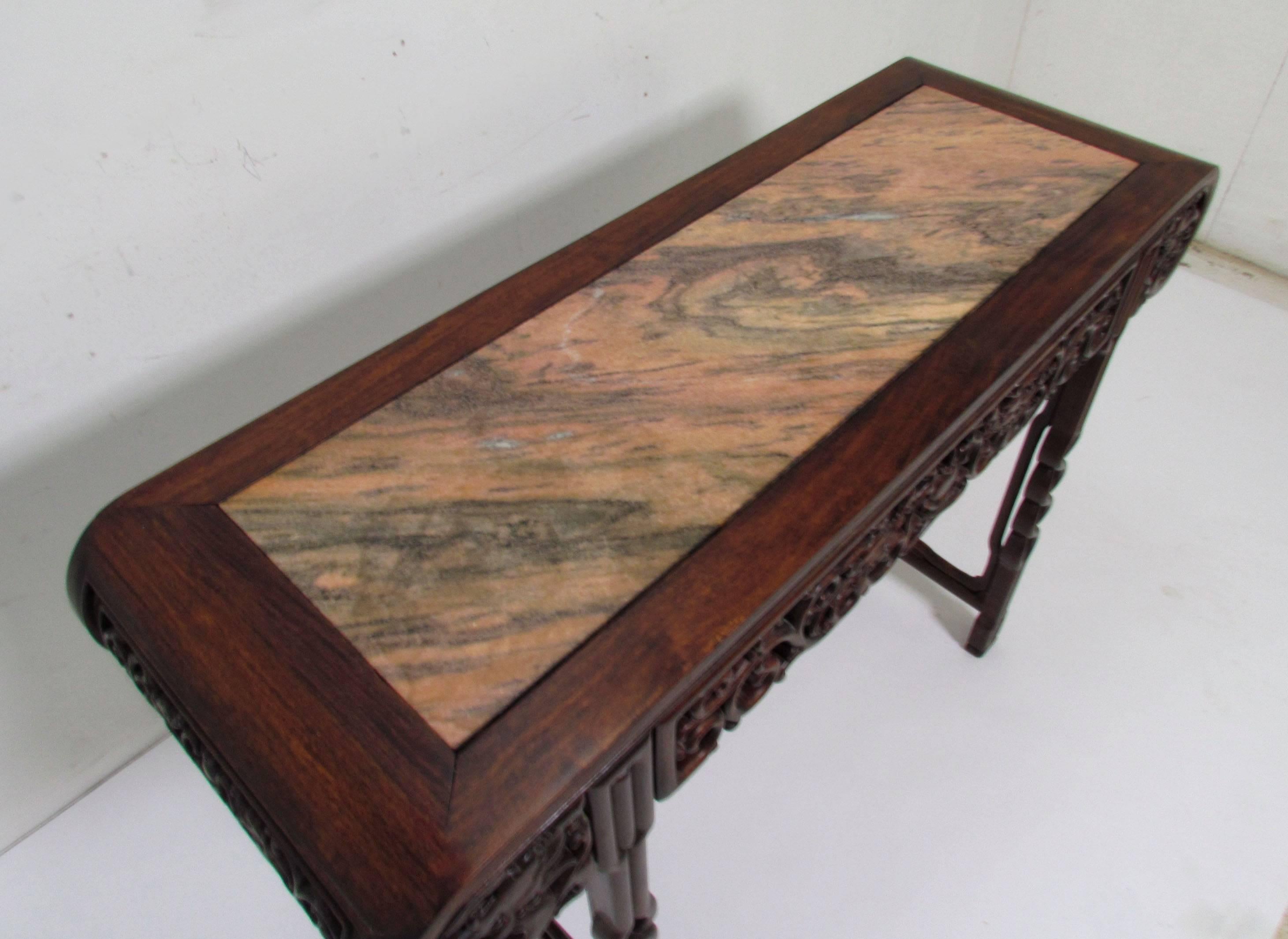 Antique Carved Wood and Pink Marble Chinese Altar/Console Table In Good Condition In Peabody, MA