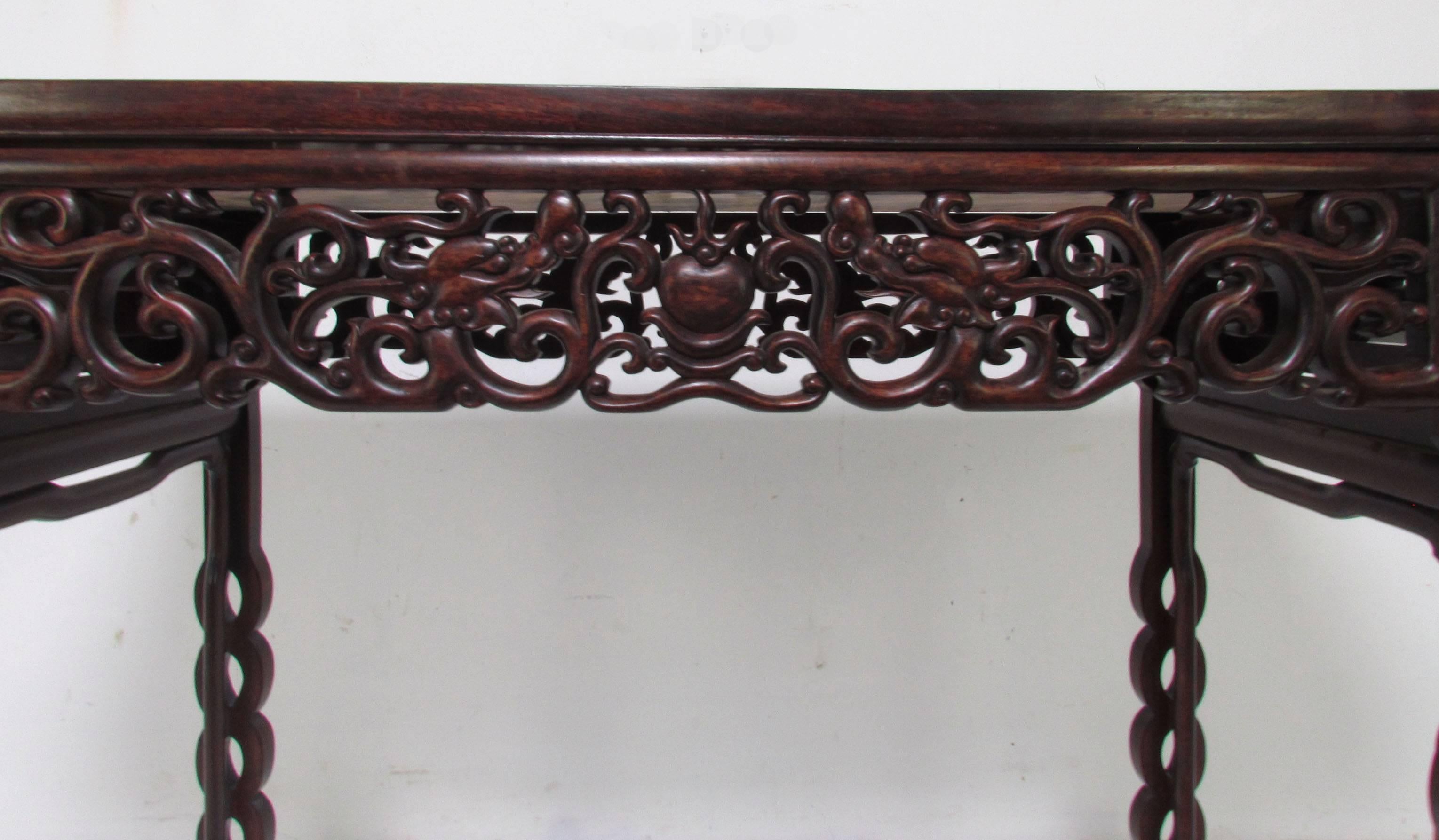 20th Century Antique Carved Wood and Pink Marble Chinese Altar/Console Table