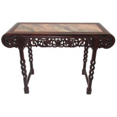 Antique Carved Wood and Pink Marble Chinese Altar/Console Table