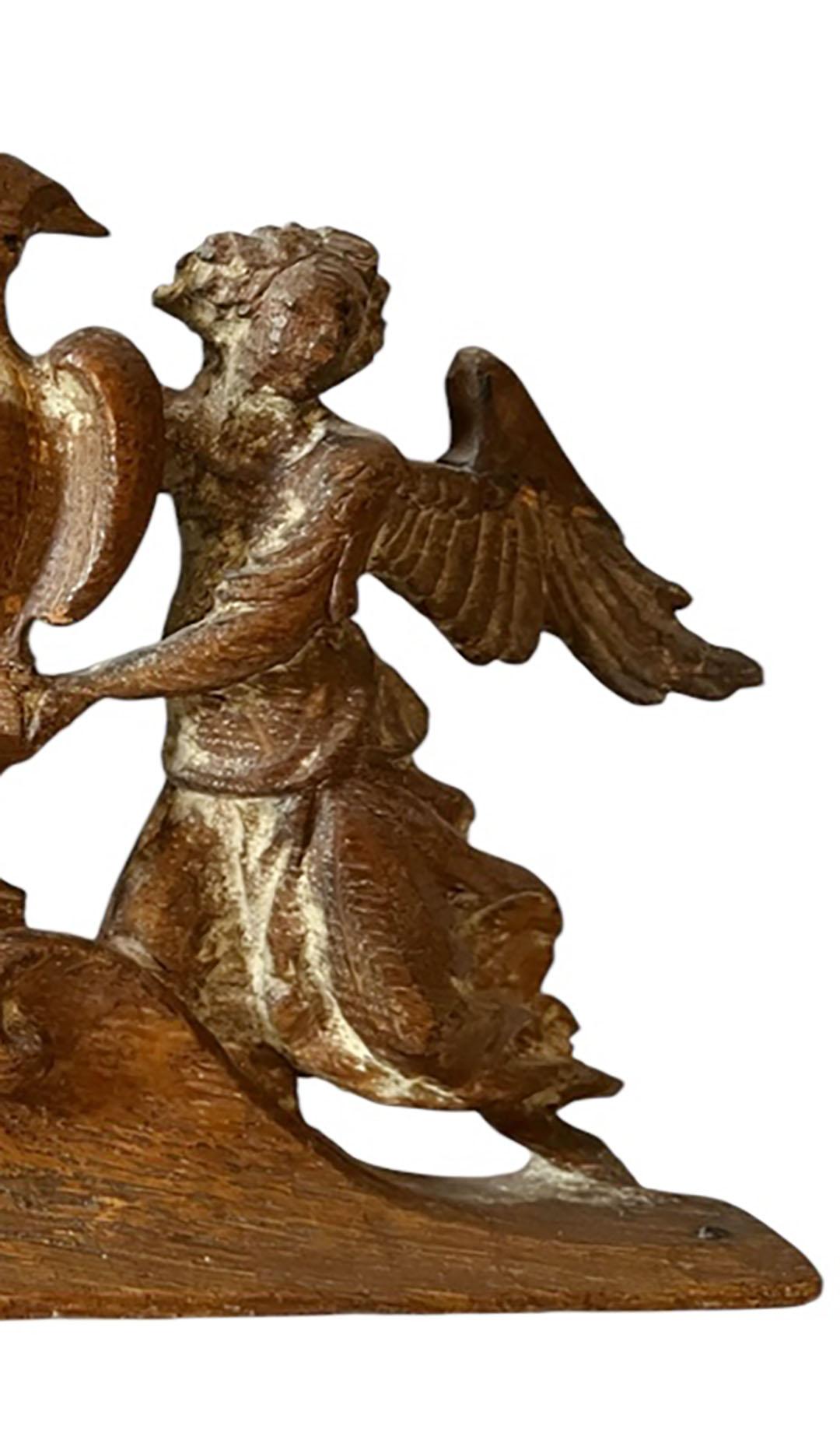 Brass Antique Carved Wood Angels Holding a Reliquary