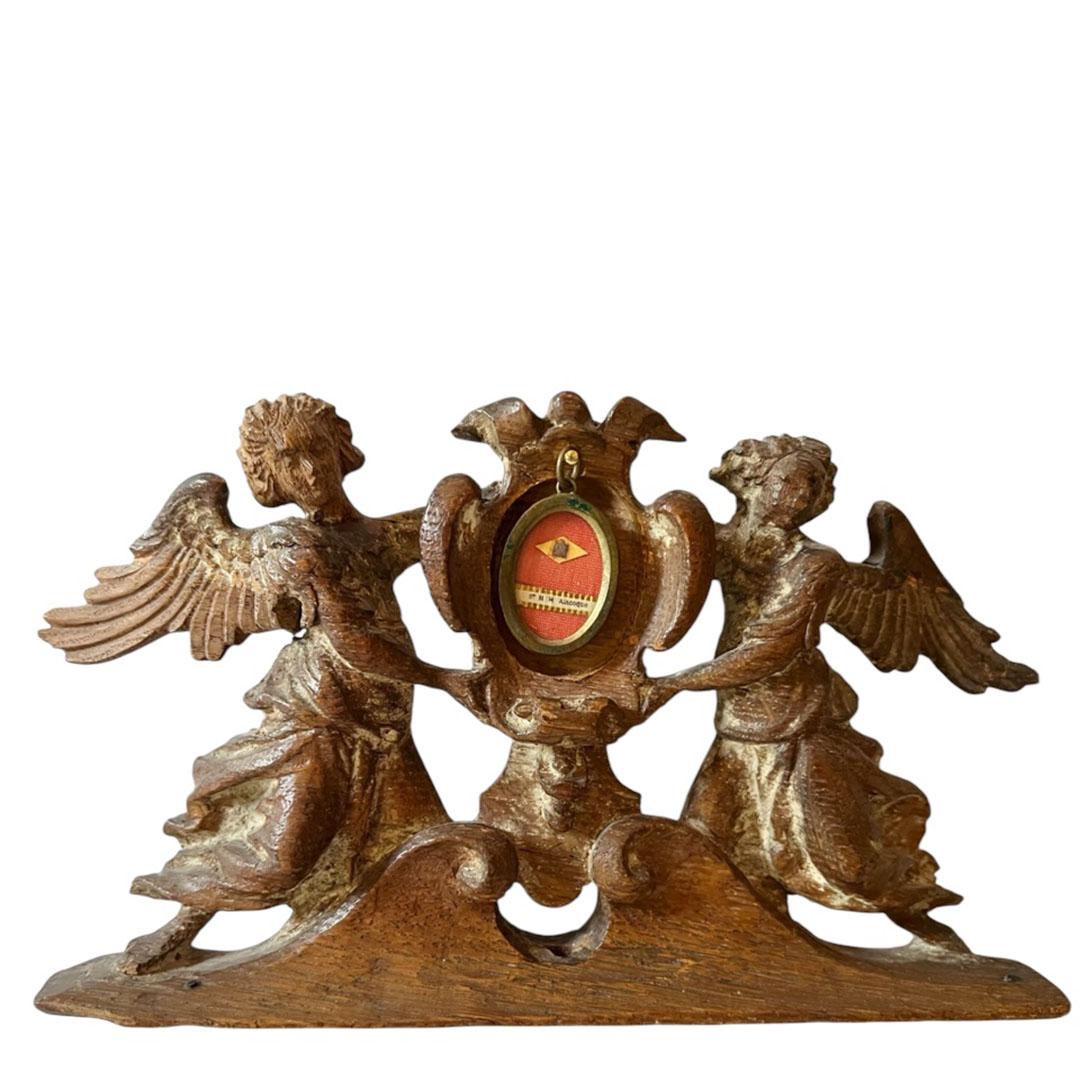 Antique Carved Wood Angels Holding a Reliquary 1