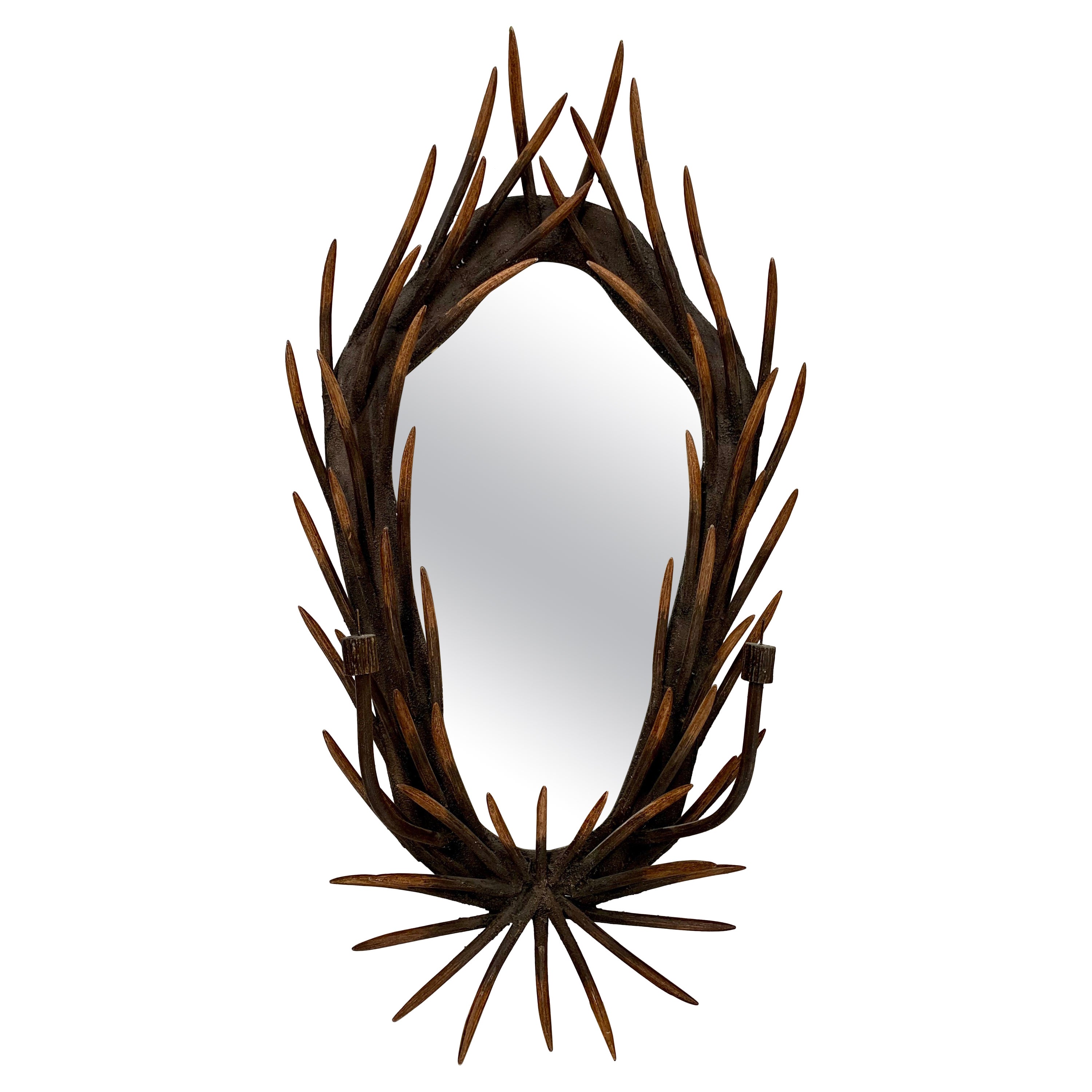 Antique Carved Wood Antler Mirror with Candle Sconces