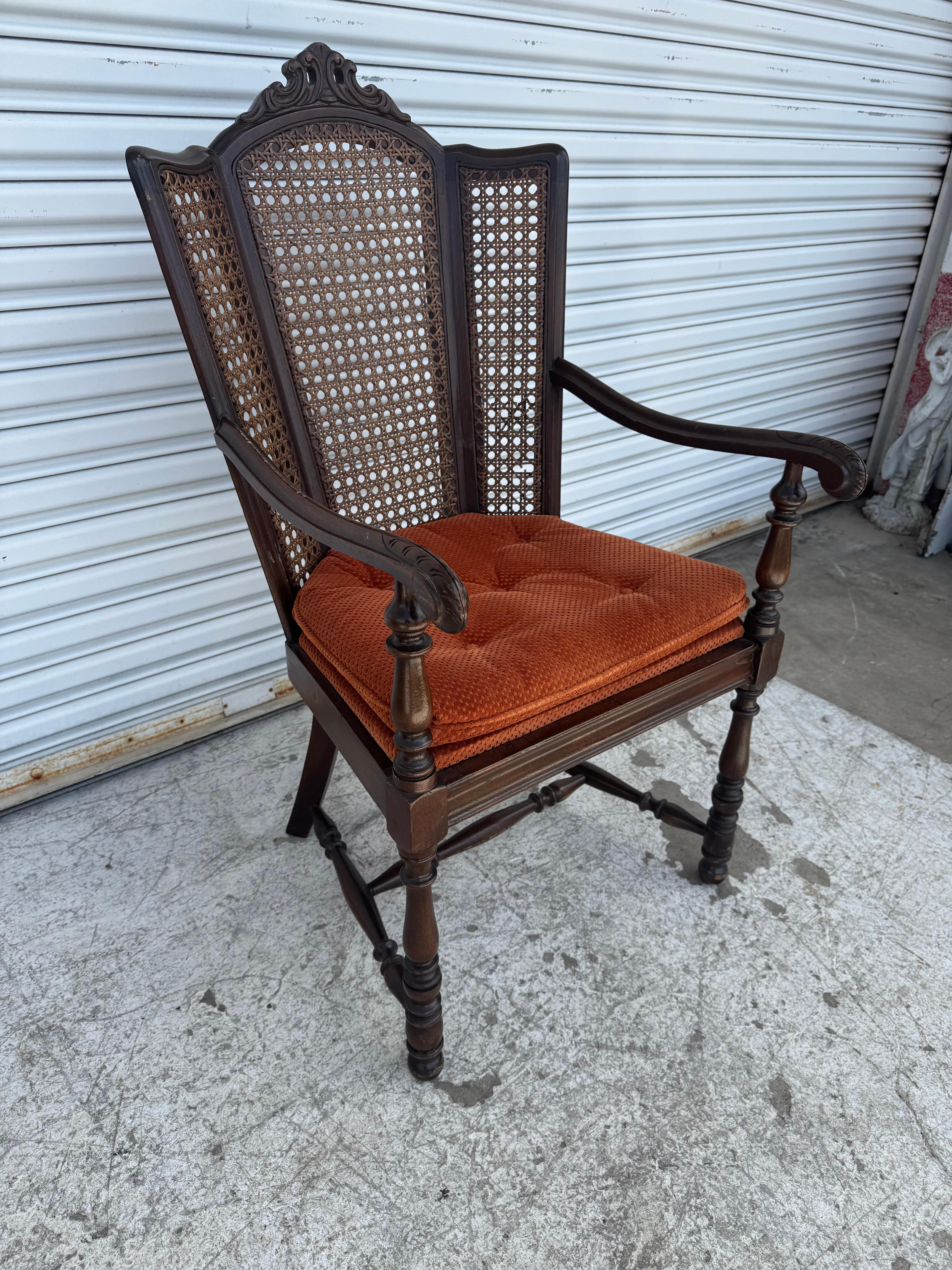 American Antique Carved Wood Armchair with Cane Back For Sale