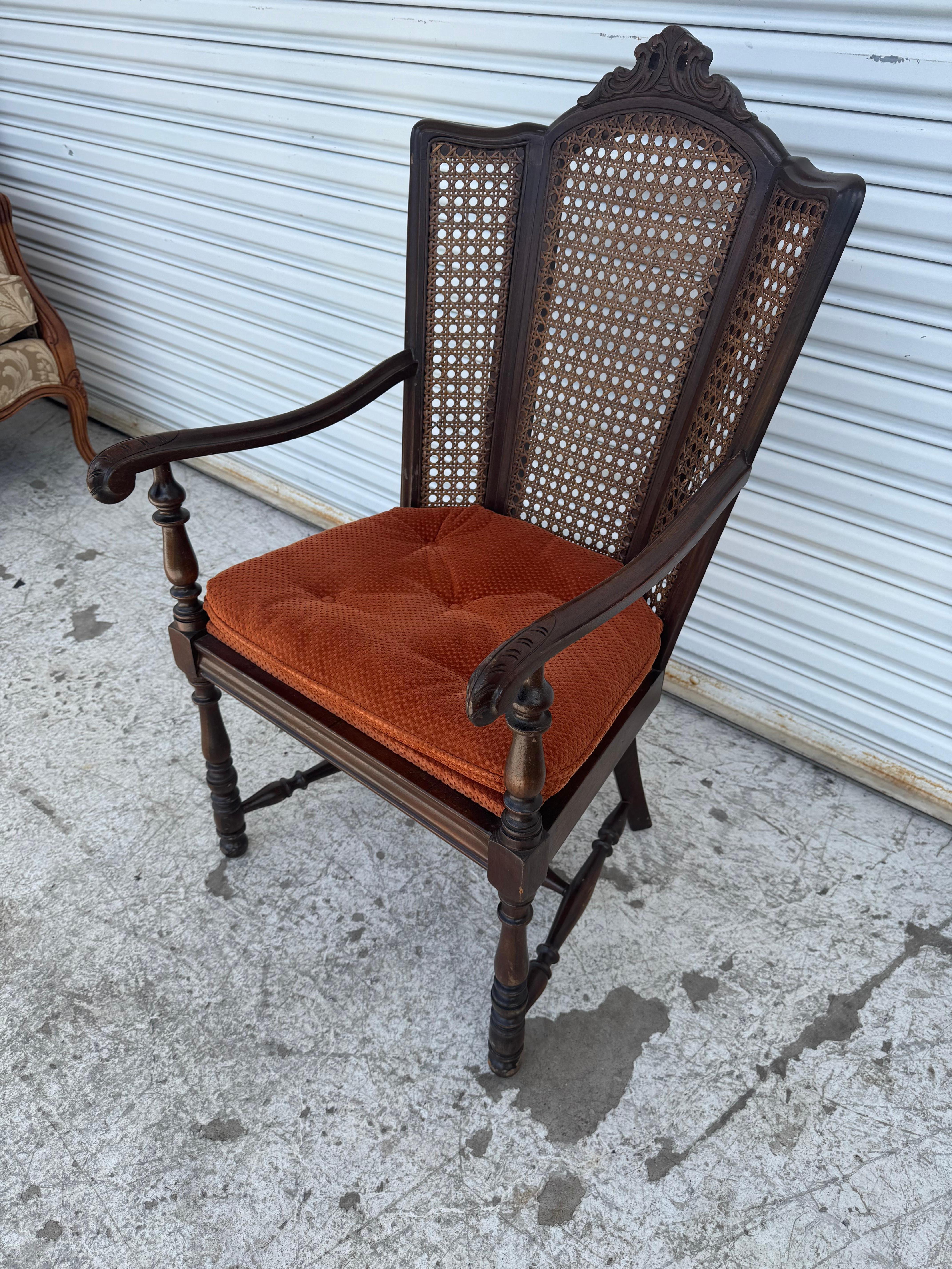 Antique Carved Wood Armchair with Cane Back In Good Condition For Sale In Pasadena, TX