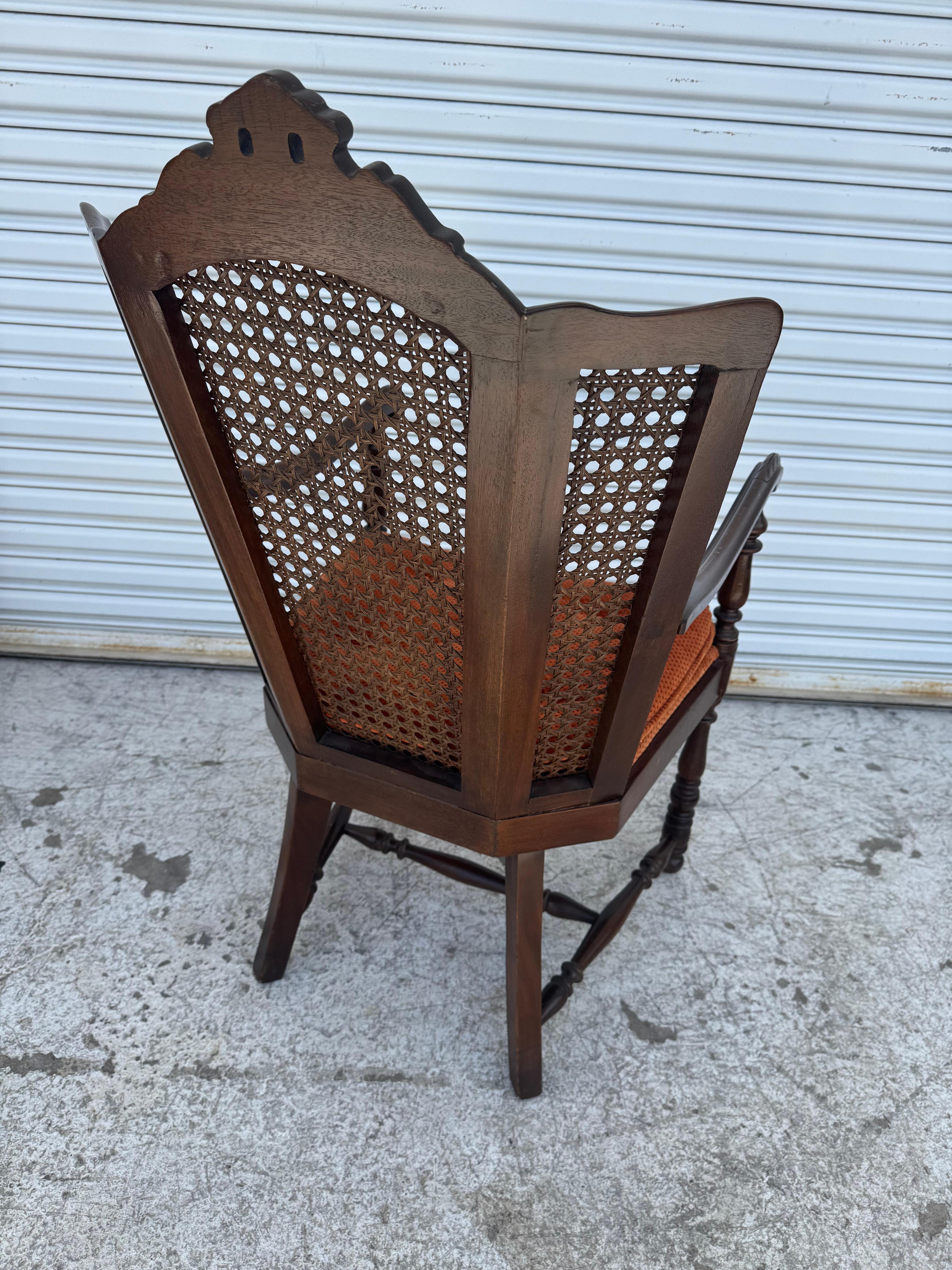 Antique Carved Wood Armchair with Cane Back For Sale 1