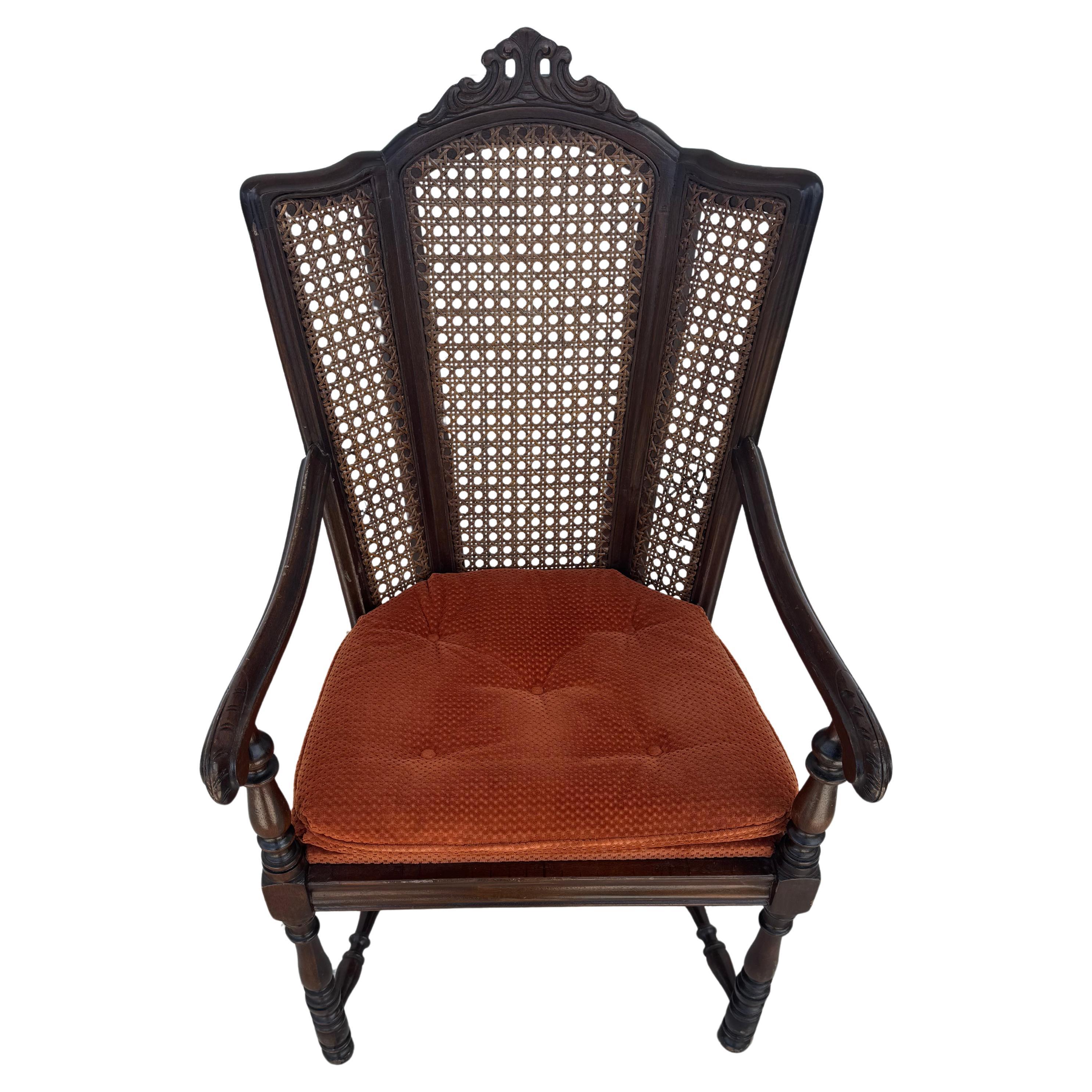 Antique Carved Wood Armchair with Cane Back For Sale