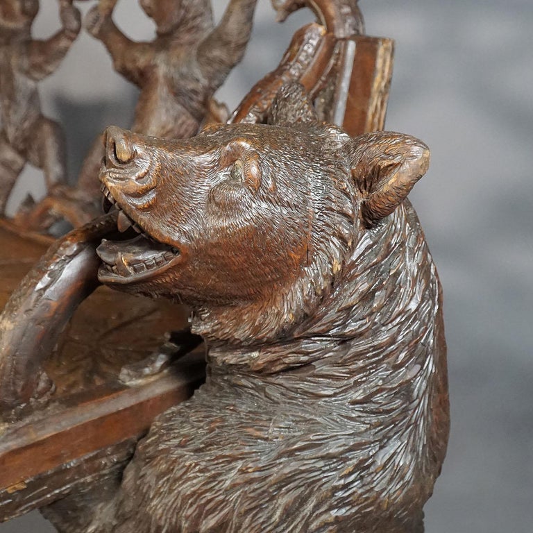 Antique Carved Wood Bear Bench, Swiss Brienz, circa 1900 For Sale at