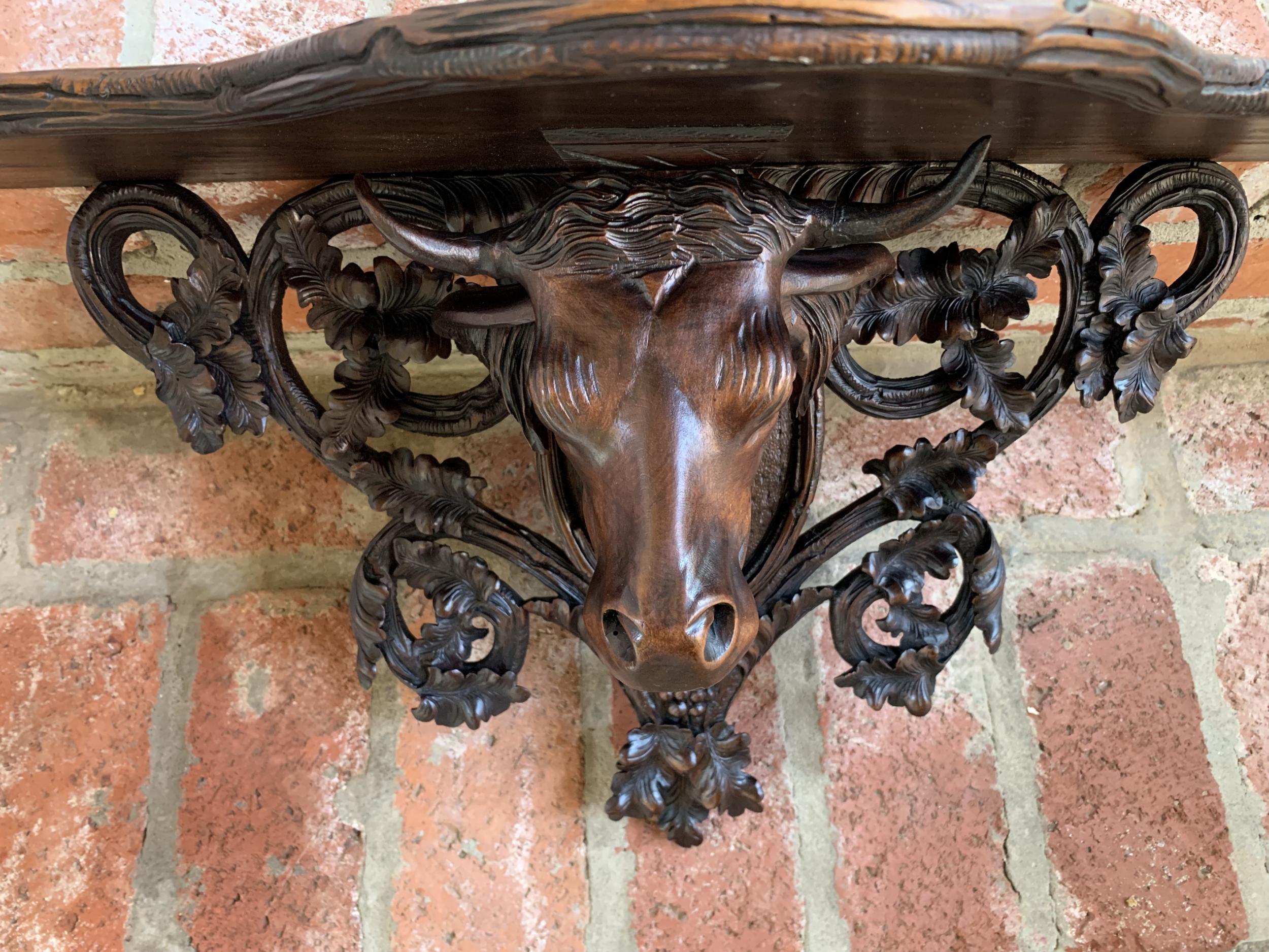 German Antique Carved Wood Black Forest Cow Wall Shelf Bracket Corbel Swiss