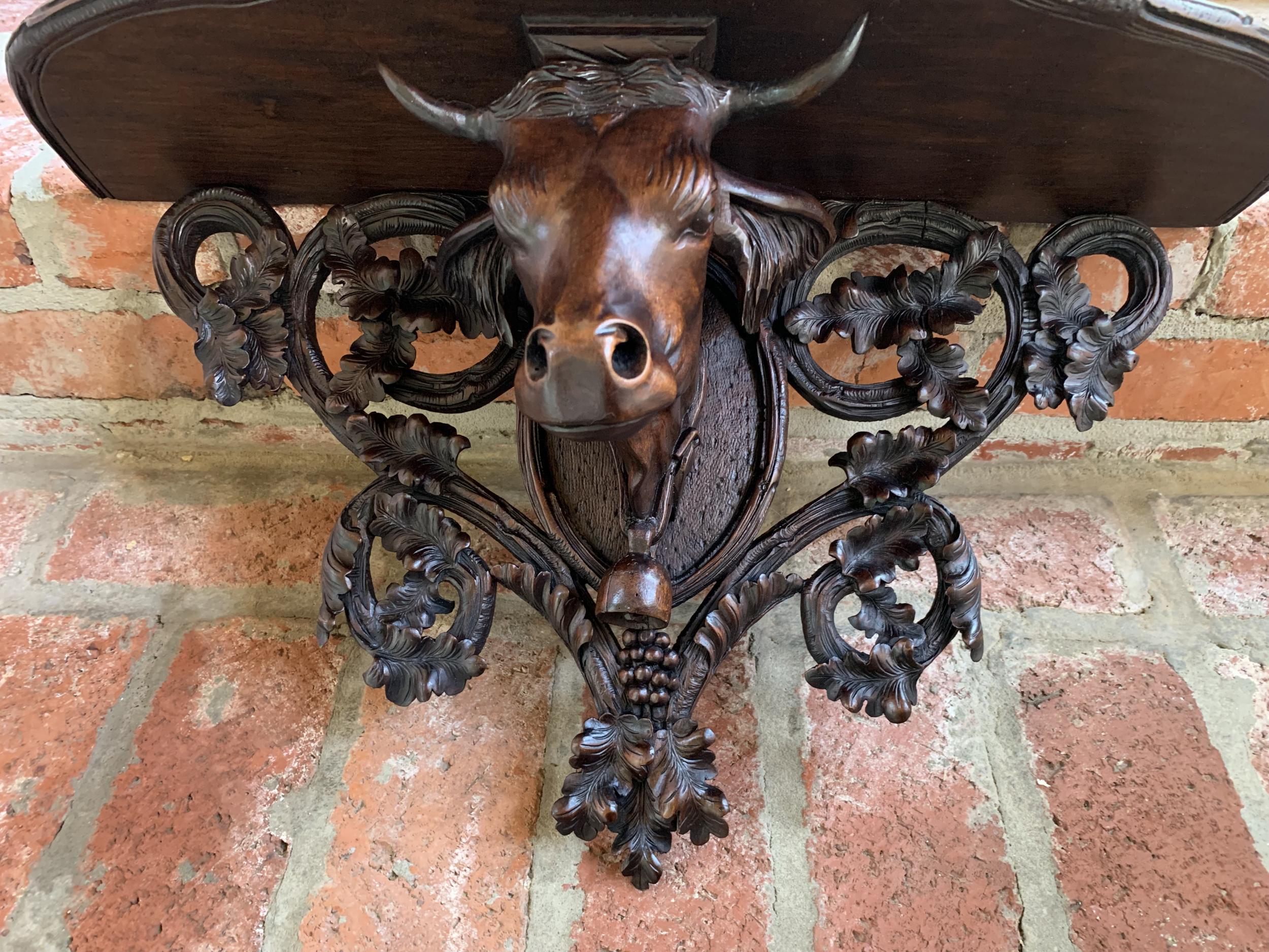 Hand-Carved Antique Carved Wood Black Forest Cow Wall Shelf Bracket Corbel Swiss