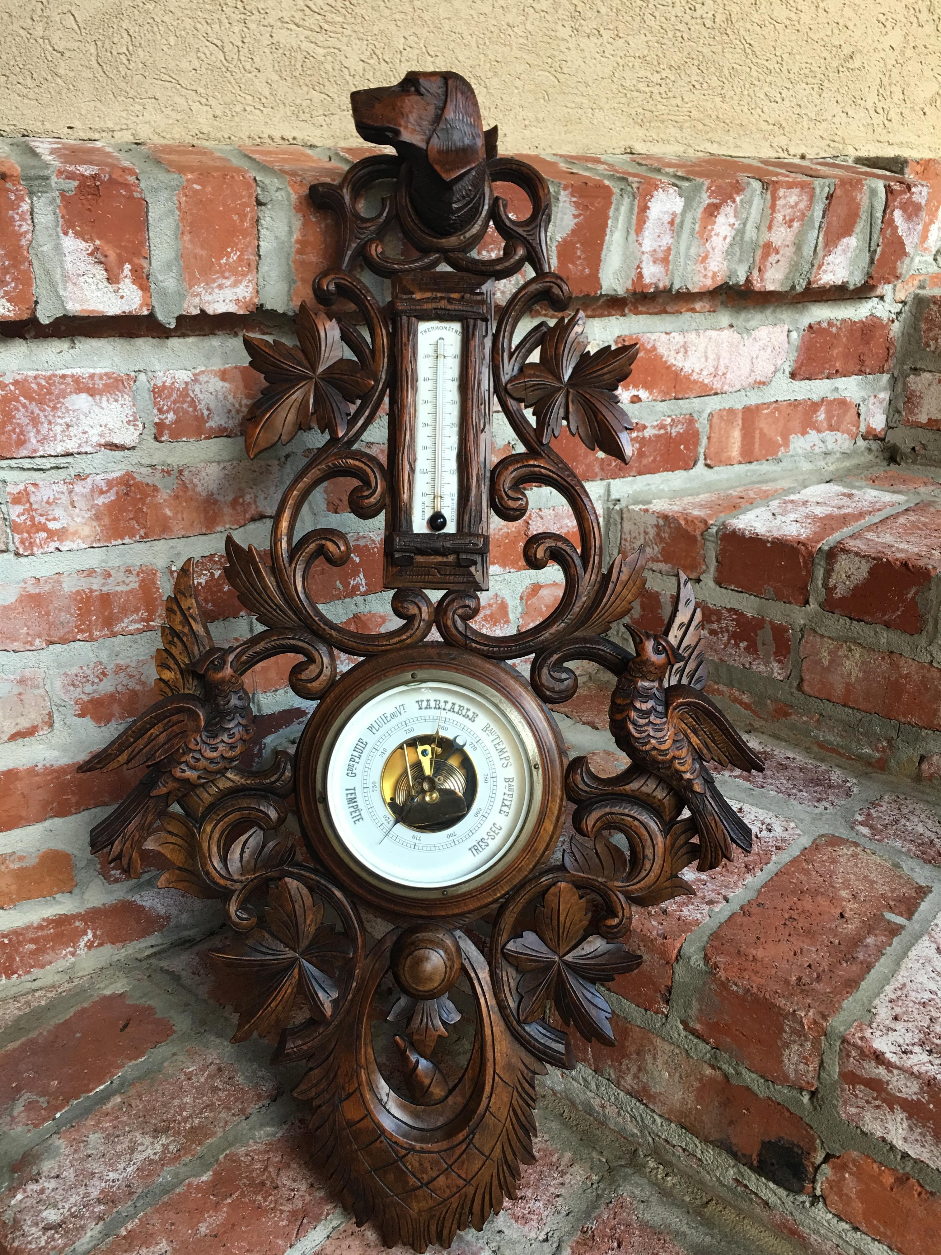 Direct from Europe, a lovely antique Black Forest carved wood barometer -thermometer. 
Ornate carvings include the huge carved hound at the top and the stunning birds in flight, one on either side. Black Forest ‘faux bois” carved to appear like