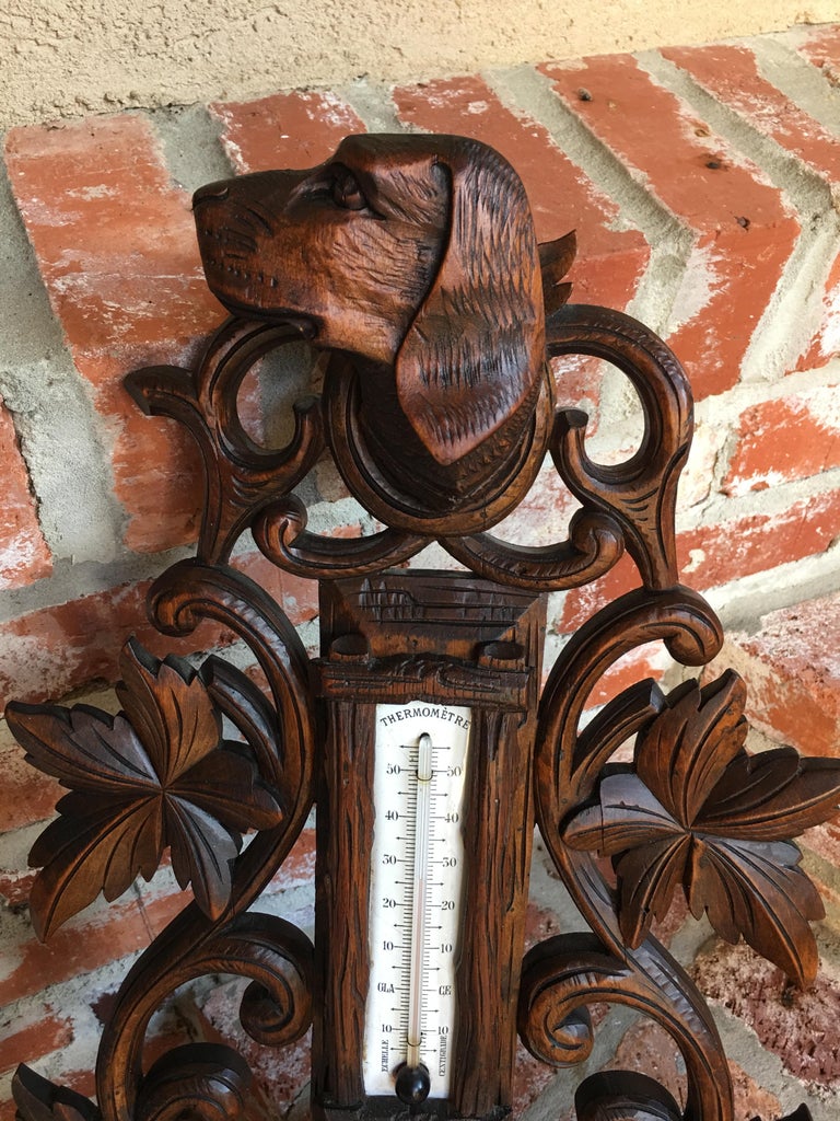 Antique Carved Wood Black Forest Dog Hound Hunt Barometer Bird Coat ...
