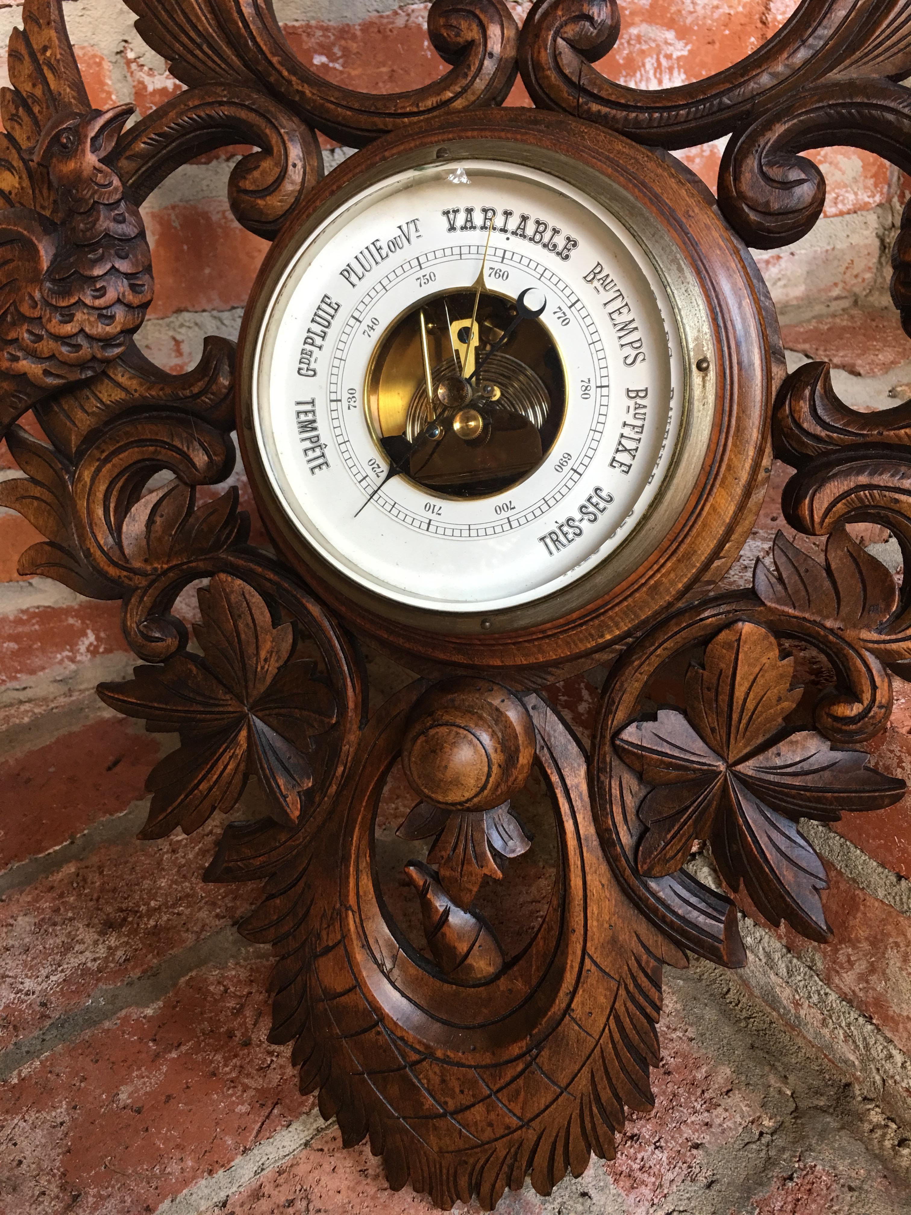 Glass Antique Carved Wood Black Forest Dog Hound Hunt Barometer Bird Coat Rack