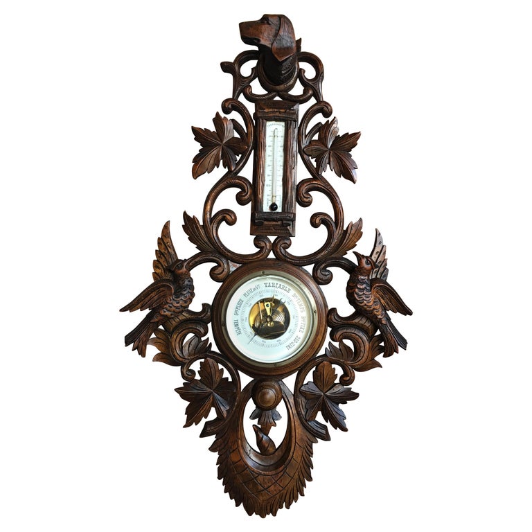 Antique Carved Wood Black Forest Dog Hound Hunt Barometer Bird Coat ...