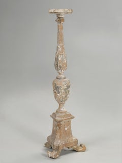 Antique Italian Hand-Carved Wood Candlestick in Old Paint and Finish