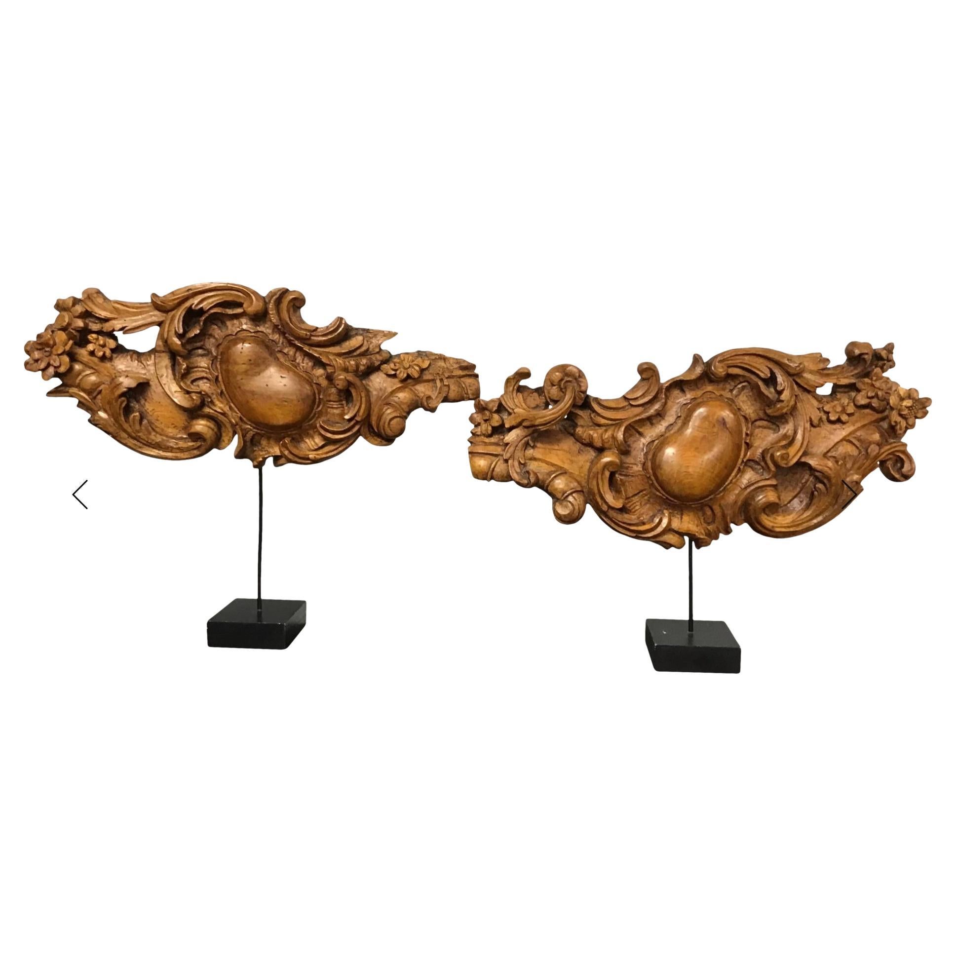 Antique Carved Wood Cartouche, a Pair