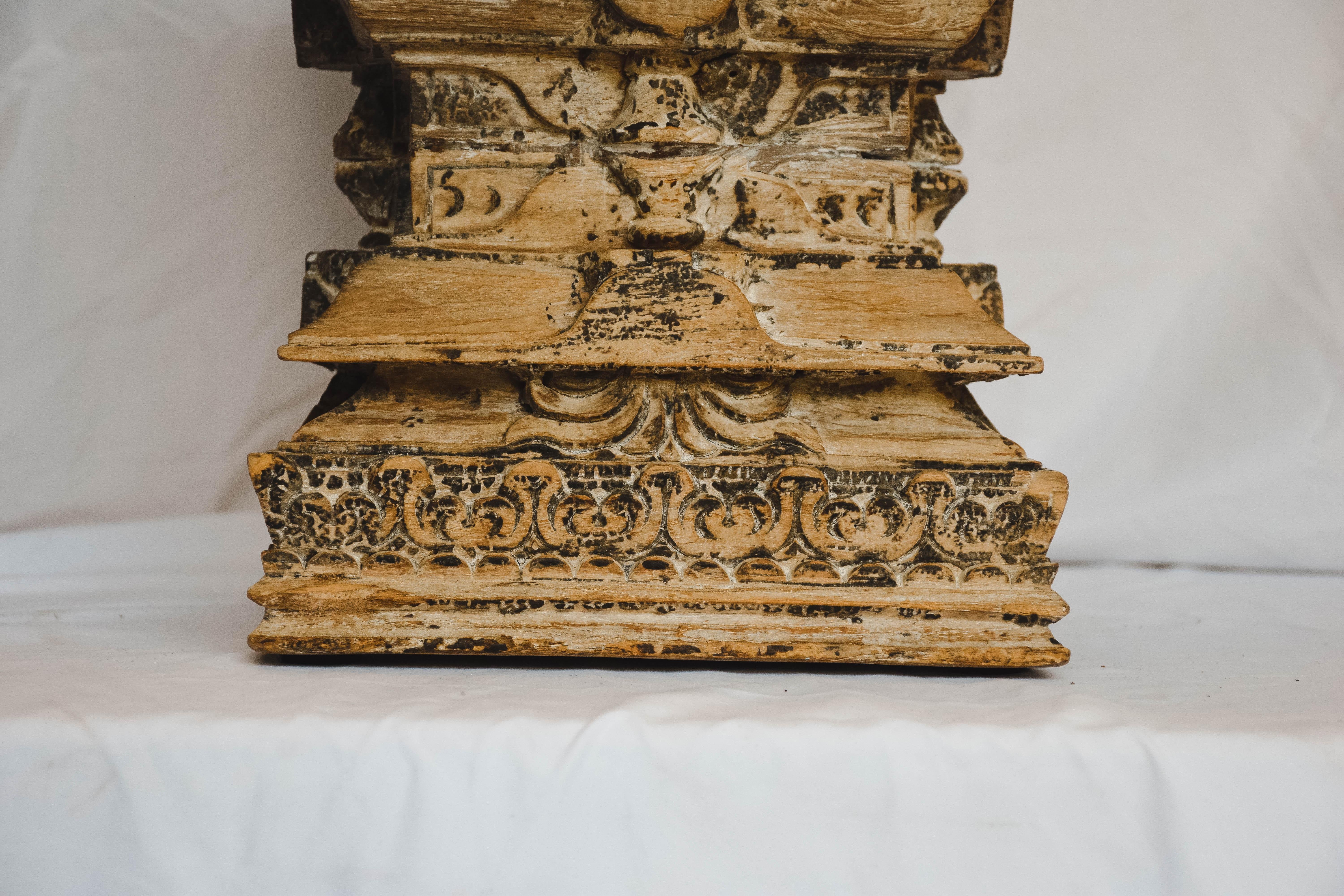 Hand-Carved Antique Carved Wood Column Capital