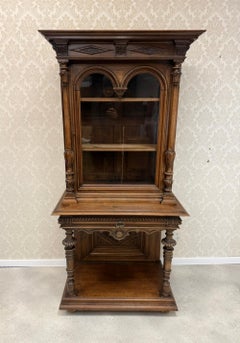 Antique Carved Wood Display Cabinet on Stand, Renaissance Revival Style