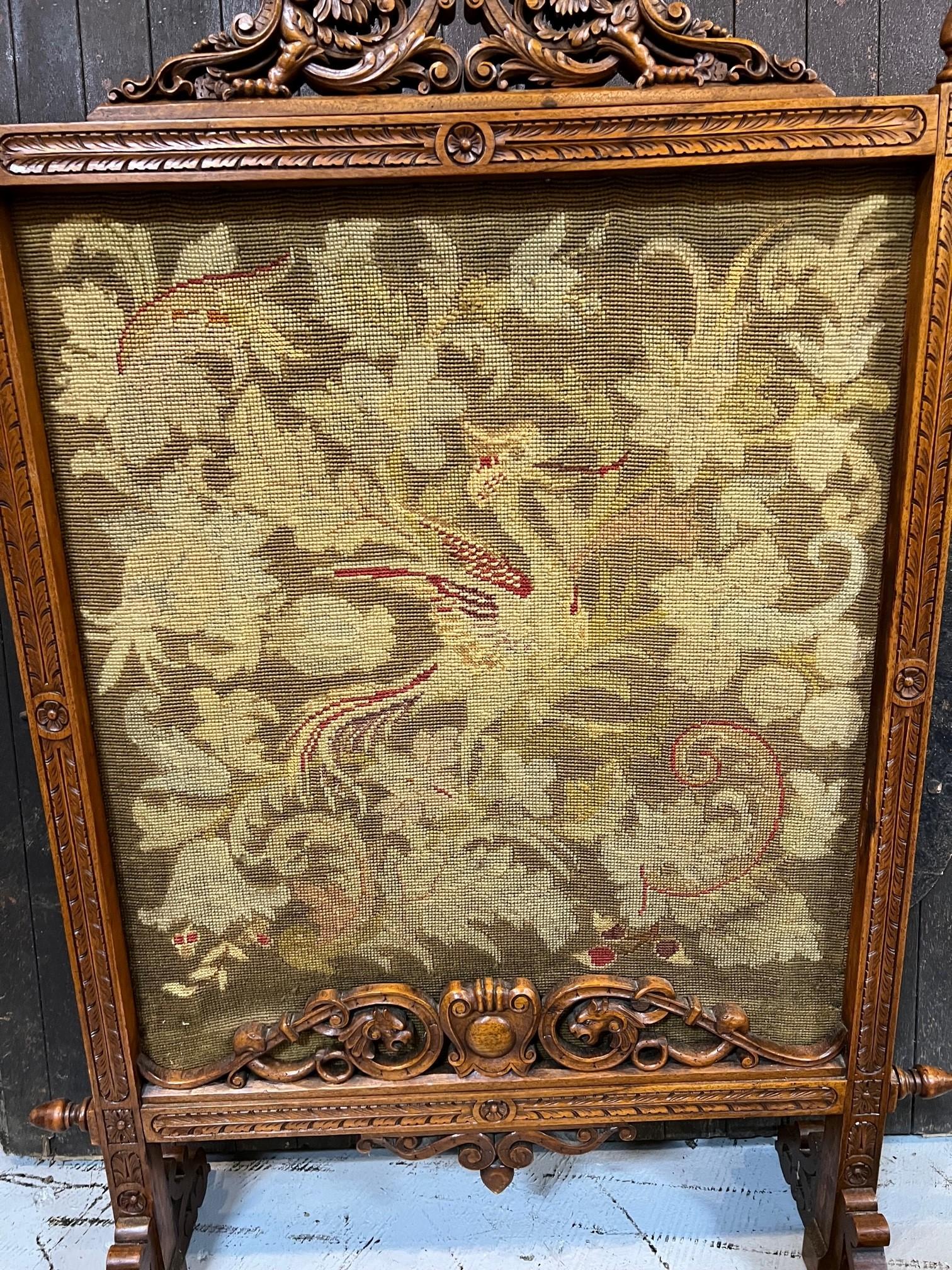 English Antique Carved Wood Fire Screen with Winged Griffons and Tapestry Center For Sale