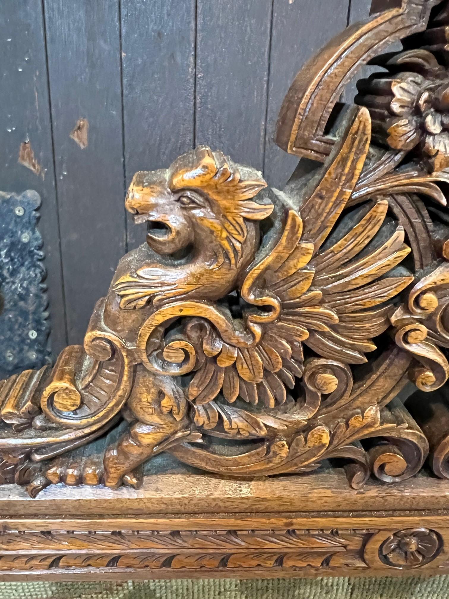 19th Century Antique Carved Wood Fire Screen with Winged Griffons and Tapestry Center For Sale