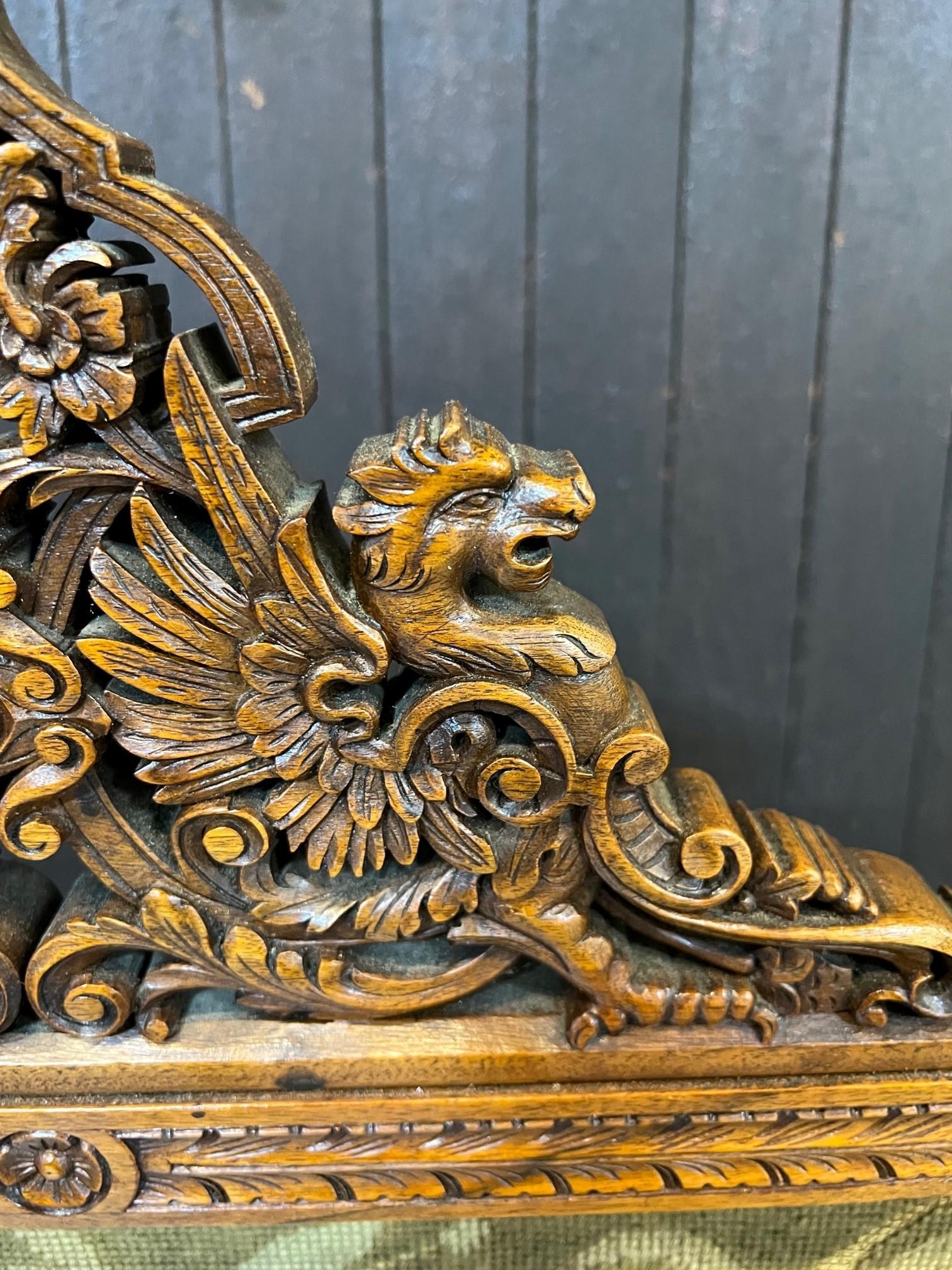 Antique Carved Wood Fire Screen with Winged Griffons and Tapestry Center For Sale 1