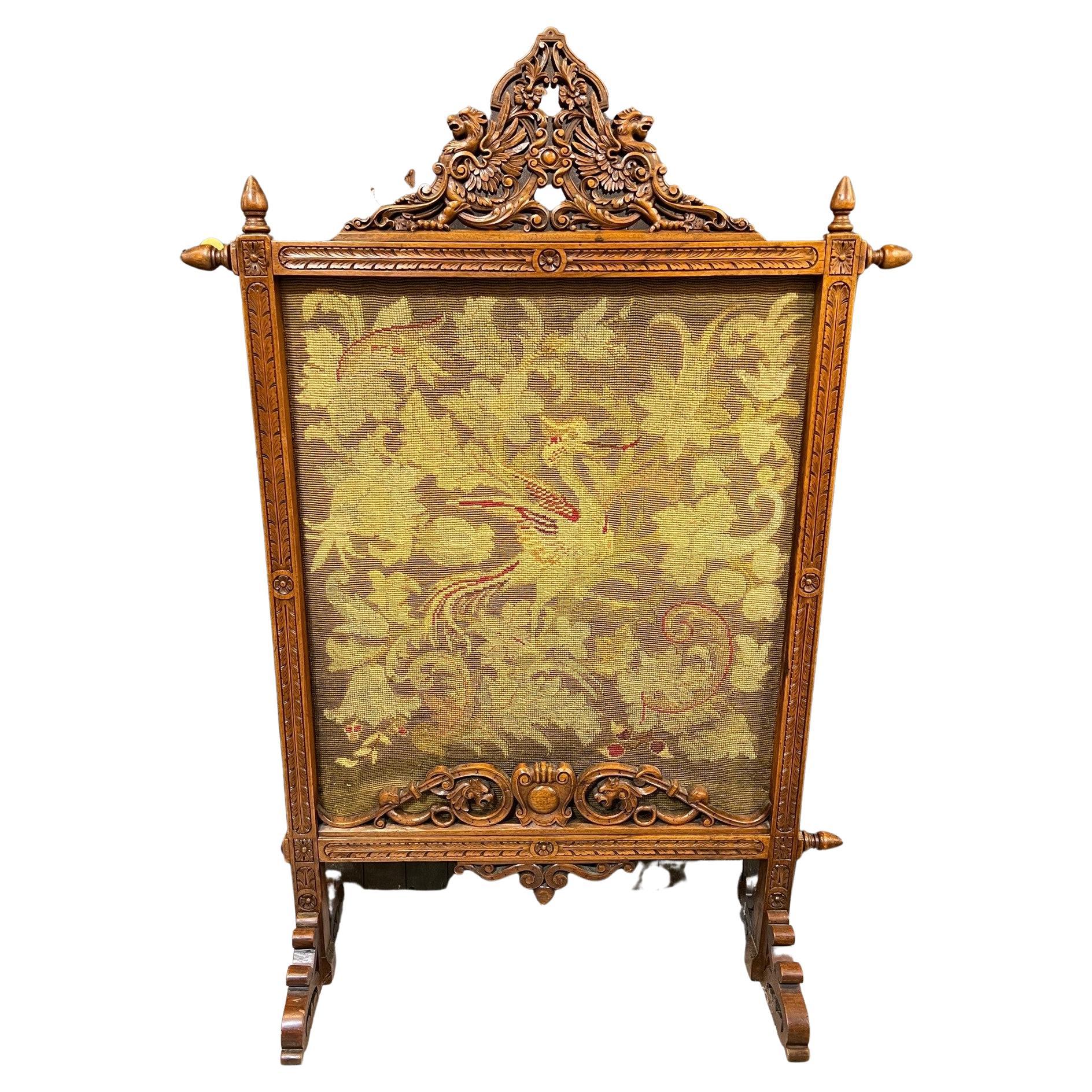 Antique Carved Wood Fire Screen with Winged Griffons and Tapestry Center For Sale