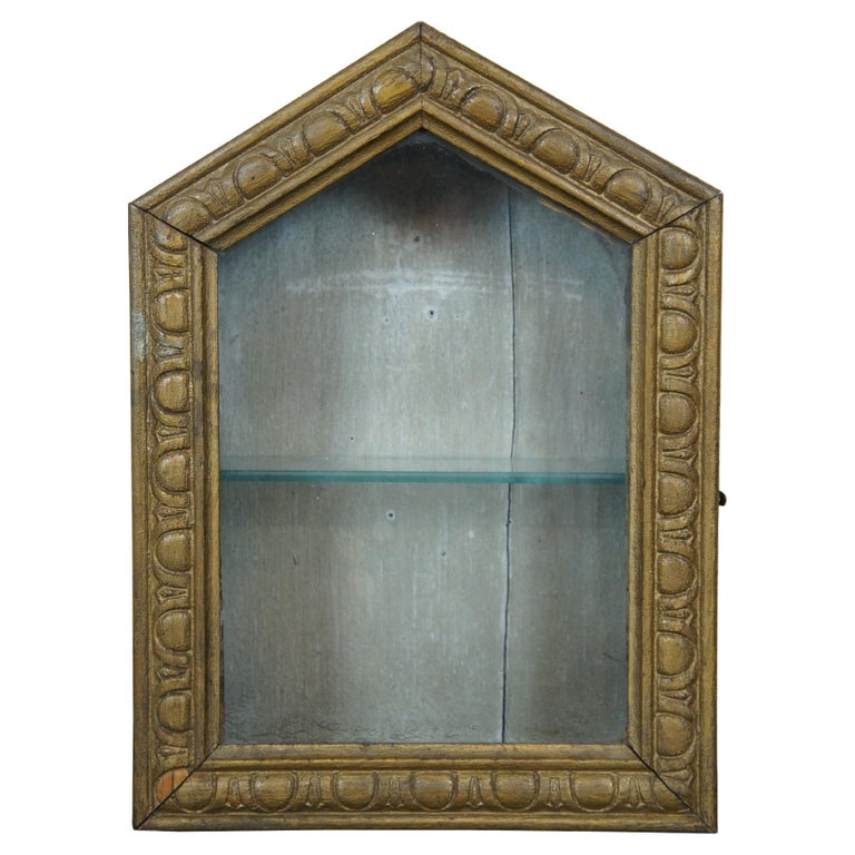 Antique Carved Wood Glass Wall Hanging Curio Vitrine Shadowbox