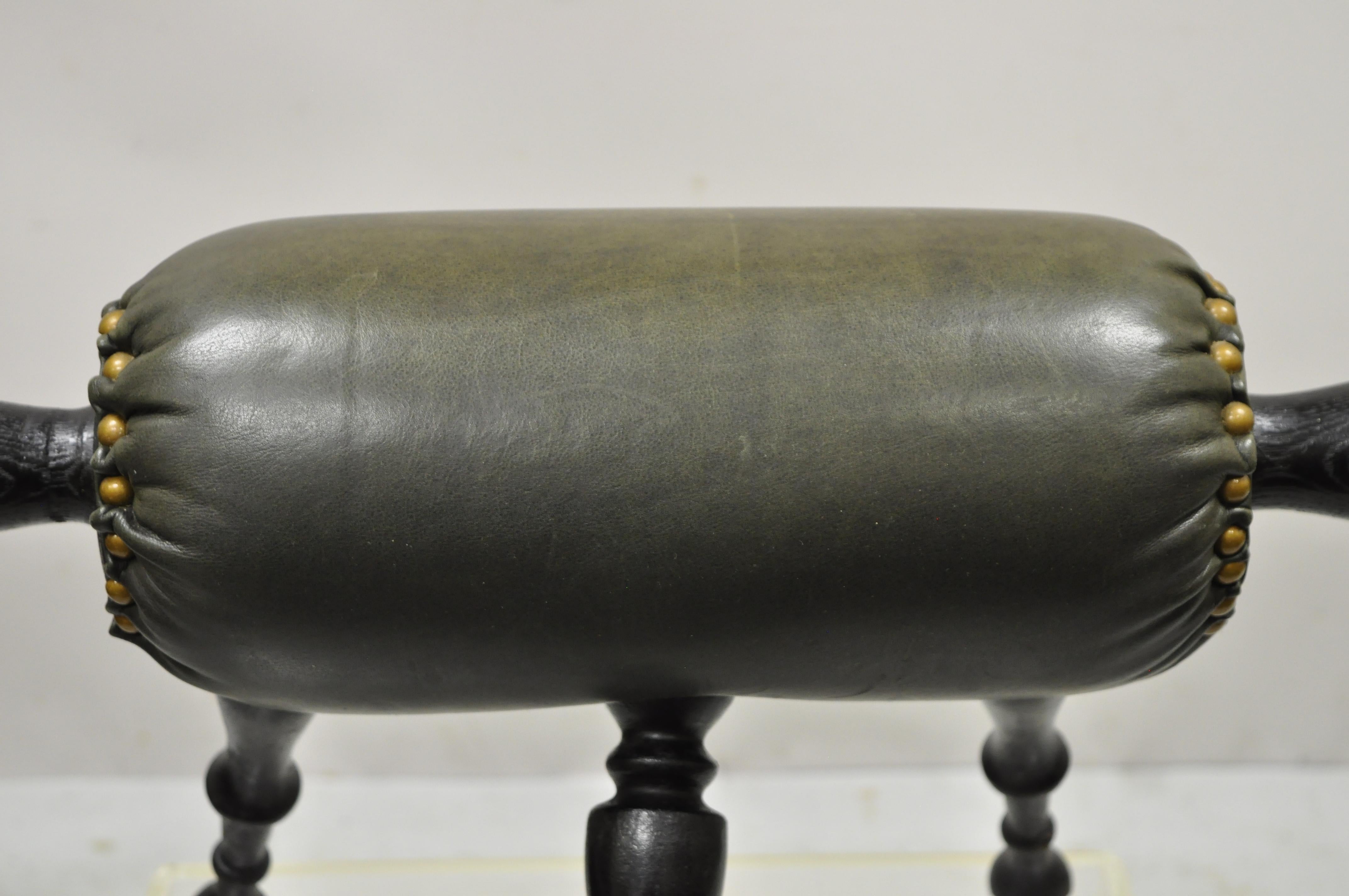 Antique carved wood green leather Victorian 19th century Gout Stool Footstool. Item features solid wood construction, nicely carved details, very nice antique item, quality American craftsmanship. Circa 19th century. Measurements: 13.5