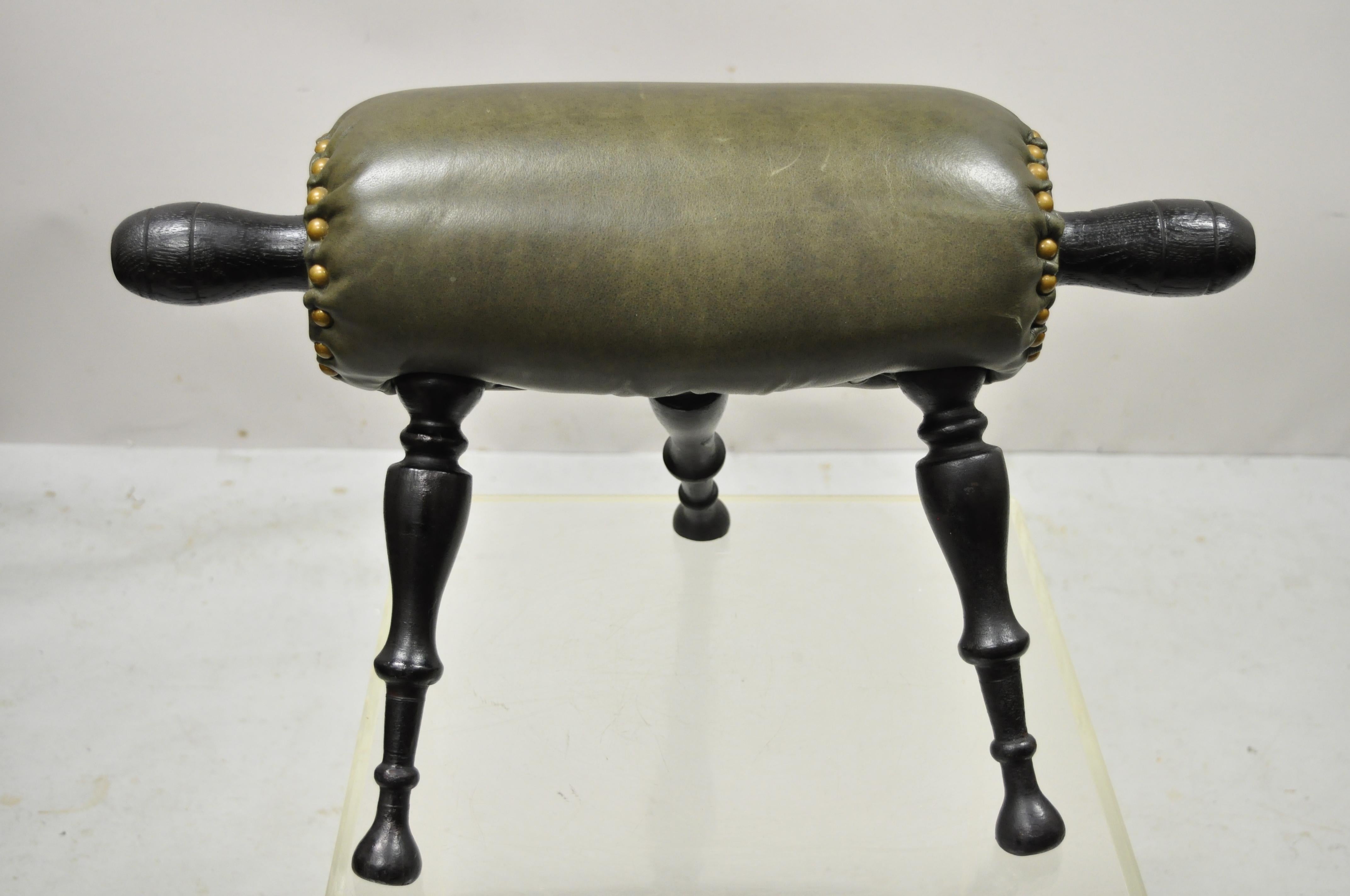 Antique Carved Wood Green Leather Victorian 19th Century Gout Stool Footstool In Good Condition In Philadelphia, PA