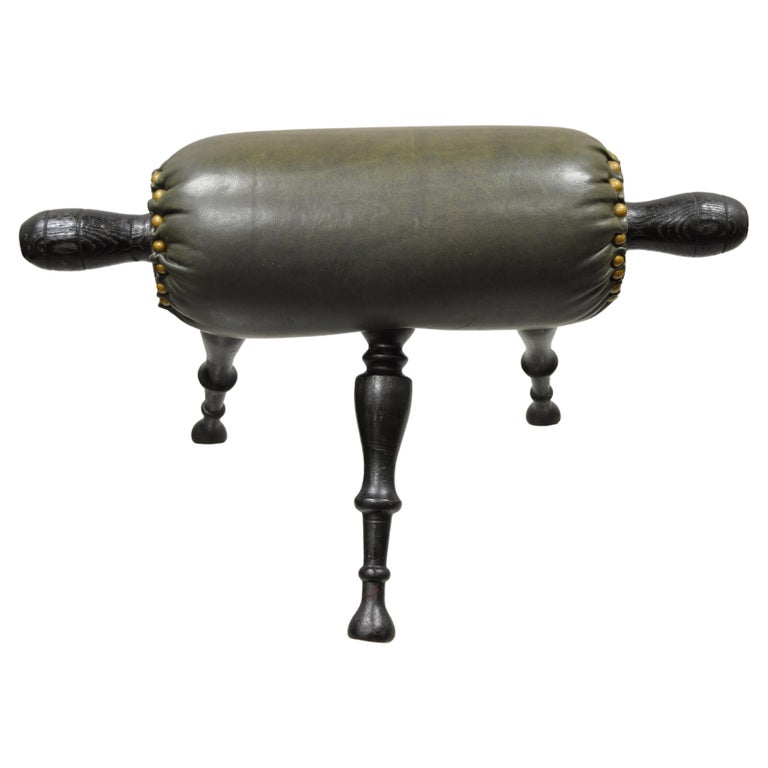 Antique Carved Wood Green Leather Victorian 19th Century Gout Stool Footstool at 1stDibs