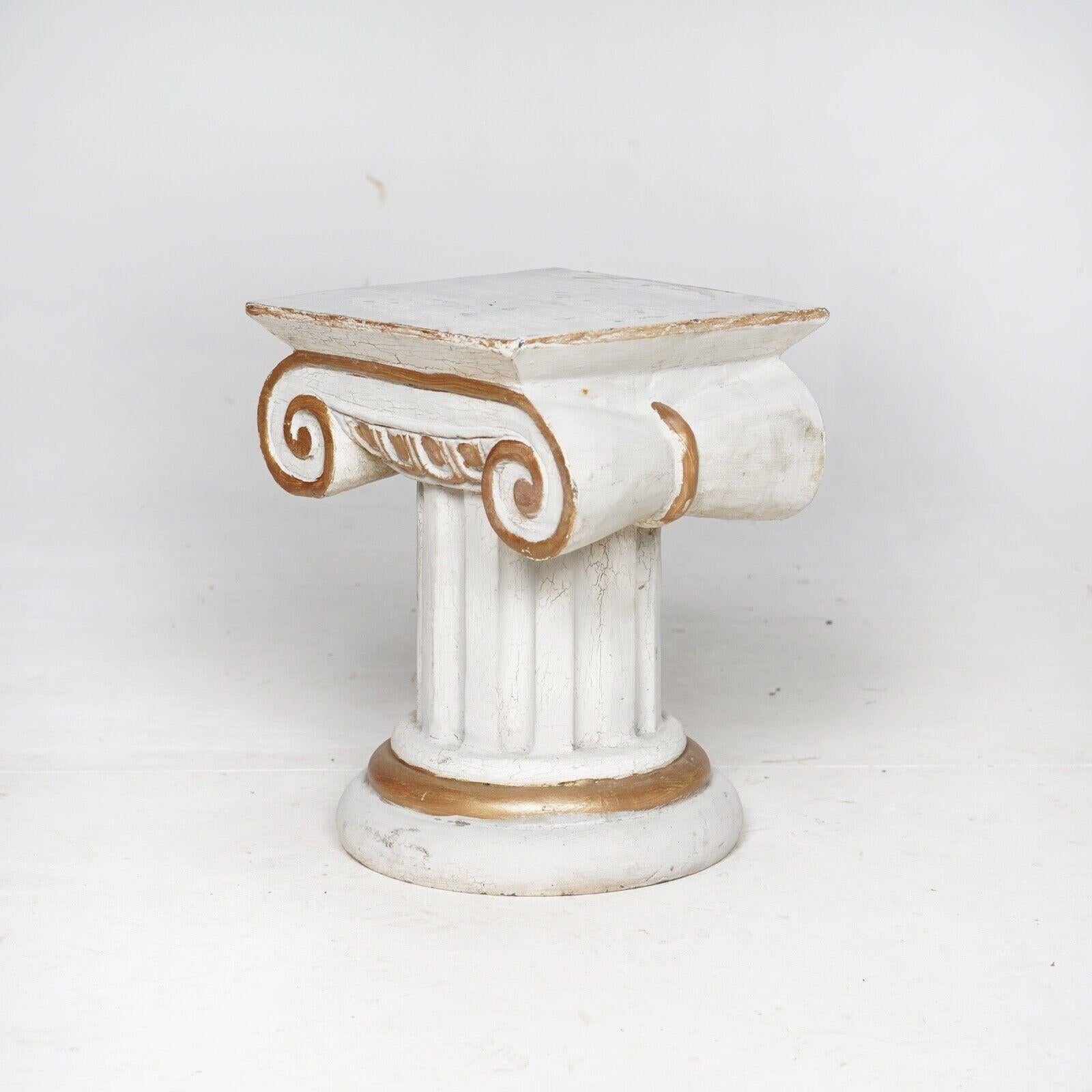 painted, carved wood Ionic column plinth.
Carved from a single piece of wood. 
It will made a perfect little side table or pot stand. 

Dimensions

H 41cm, W 36cm D 30cm 
 
Condition 
Please do take a careful look at all our pictures and note that