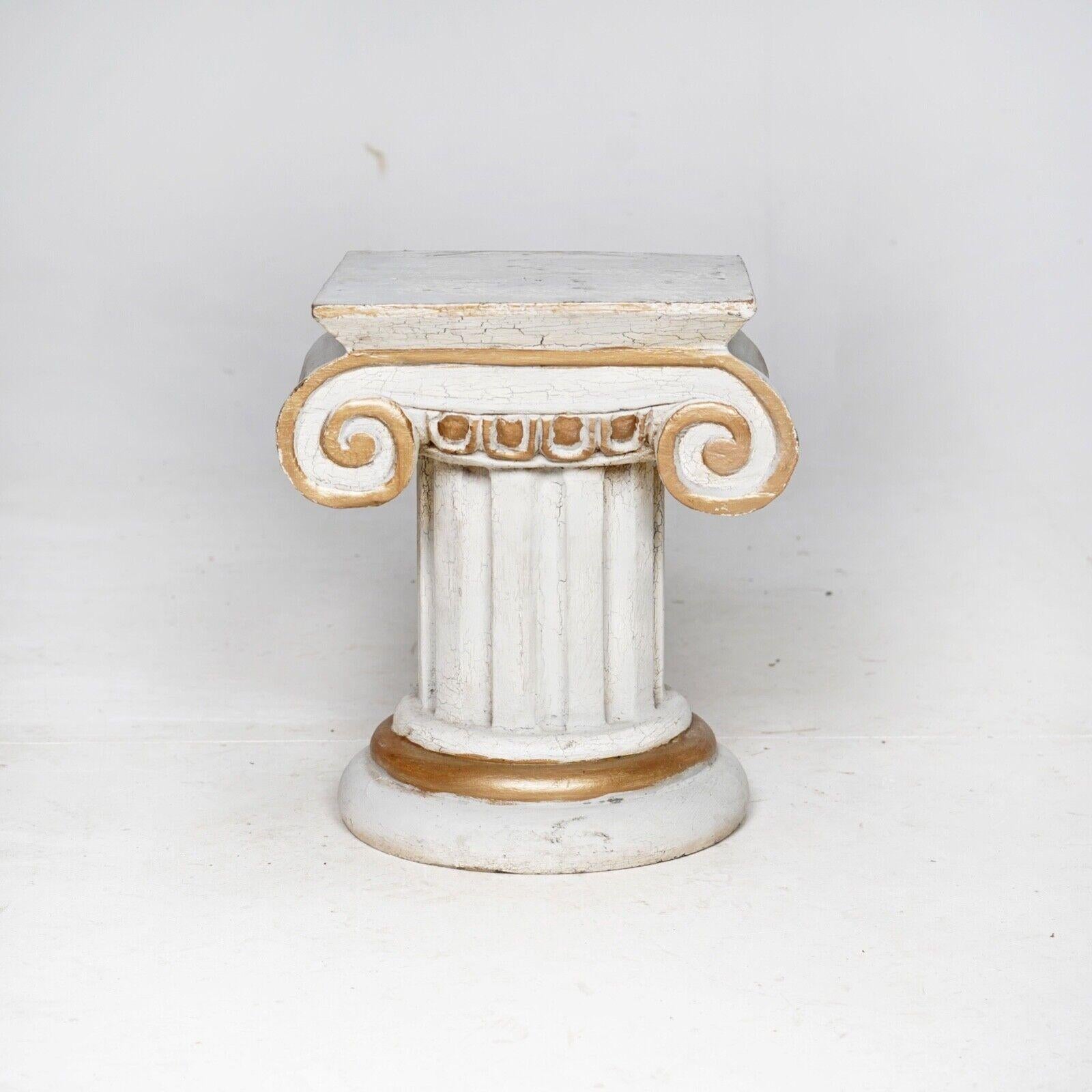 Early Victorian Antique Carved Wood Ionic Column Table - Carved Wood Plinth White & Gold  For Sale