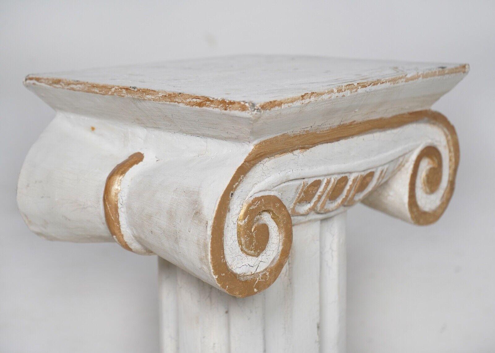 Painted Antique Carved Wood Ionic Column Table - Carved Wood Plinth White & Gold  For Sale