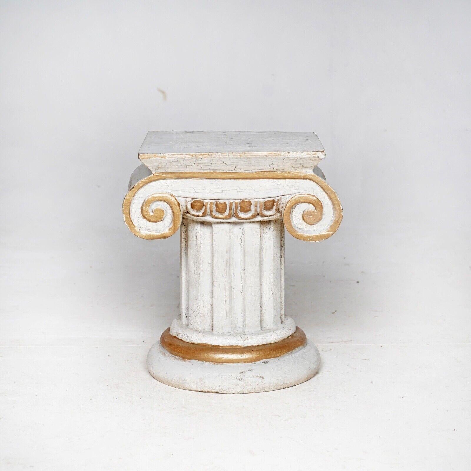 20th Century Antique Carved Wood Ionic Column Table - Carved Wood Plinth White & Gold  For Sale