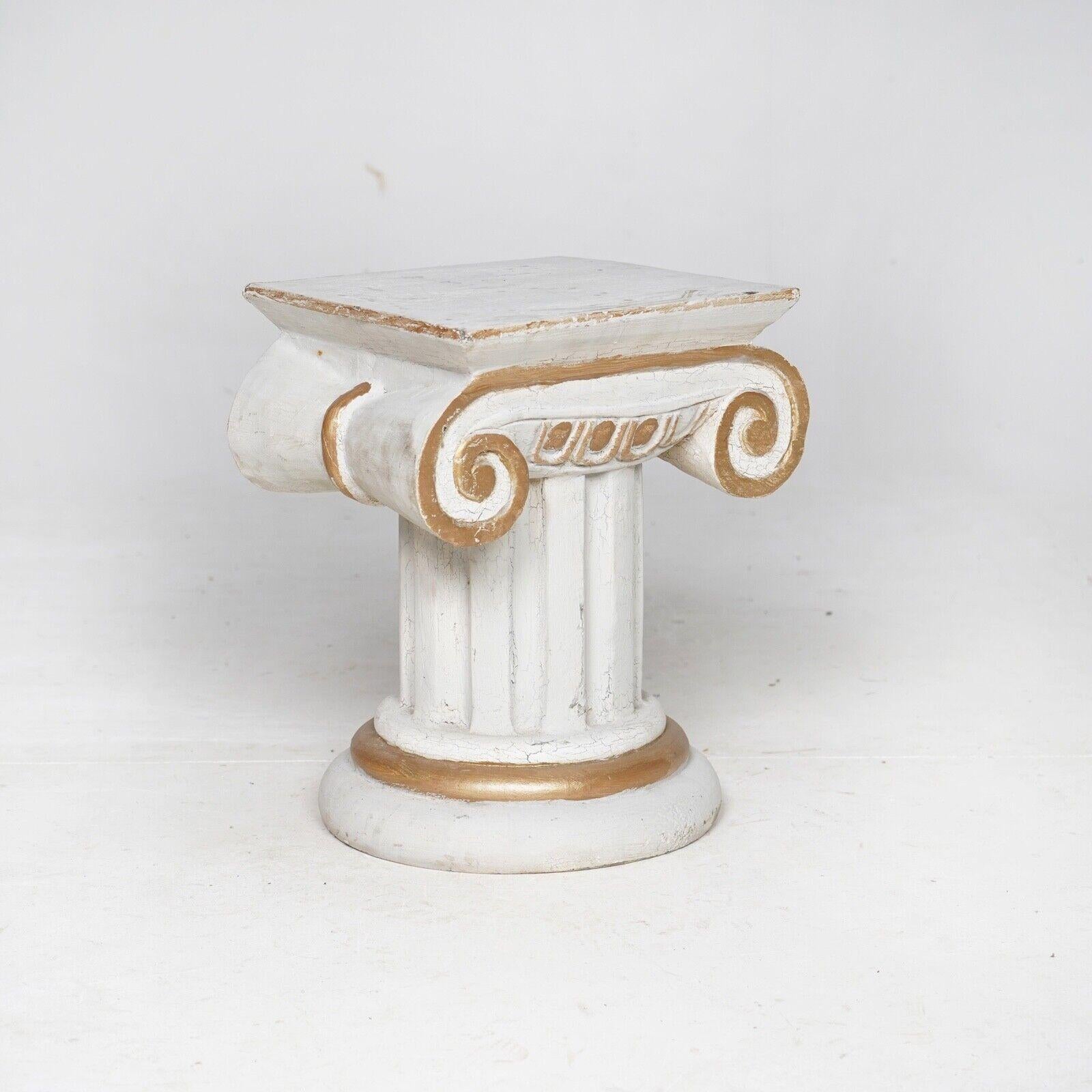Antique Carved Wood Ionic Column Table - Carved Wood Plinth White & Gold  For Sale 1