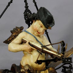 Antique Carved Wood Luster of an Angel of Love with Real Antlers